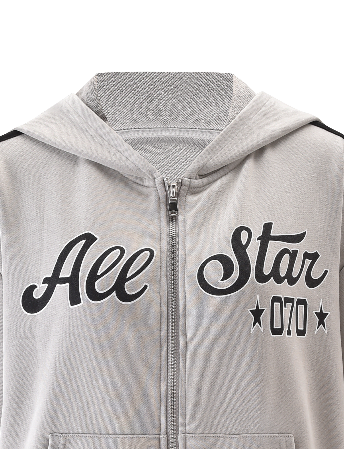 A close-up of the TIGERMIST PAYTON HOODIE - STONE, a light gray zip-up hoodie with bold black "All Star" and "070" text on the chest, plus two stars for a vintage-inspired look.
