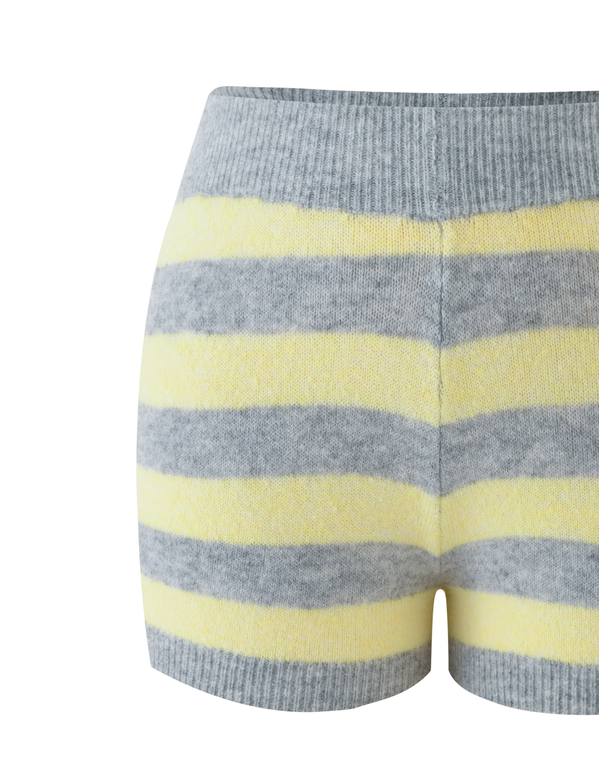 Close-up of the TIGERMIST KOA SHORT - YELLOW AND GREY STRIPE, featuring a mid-rise fit, horizontal stripes in light gray and pale yellow, and a wide ribbed waistband in super soft knit material.