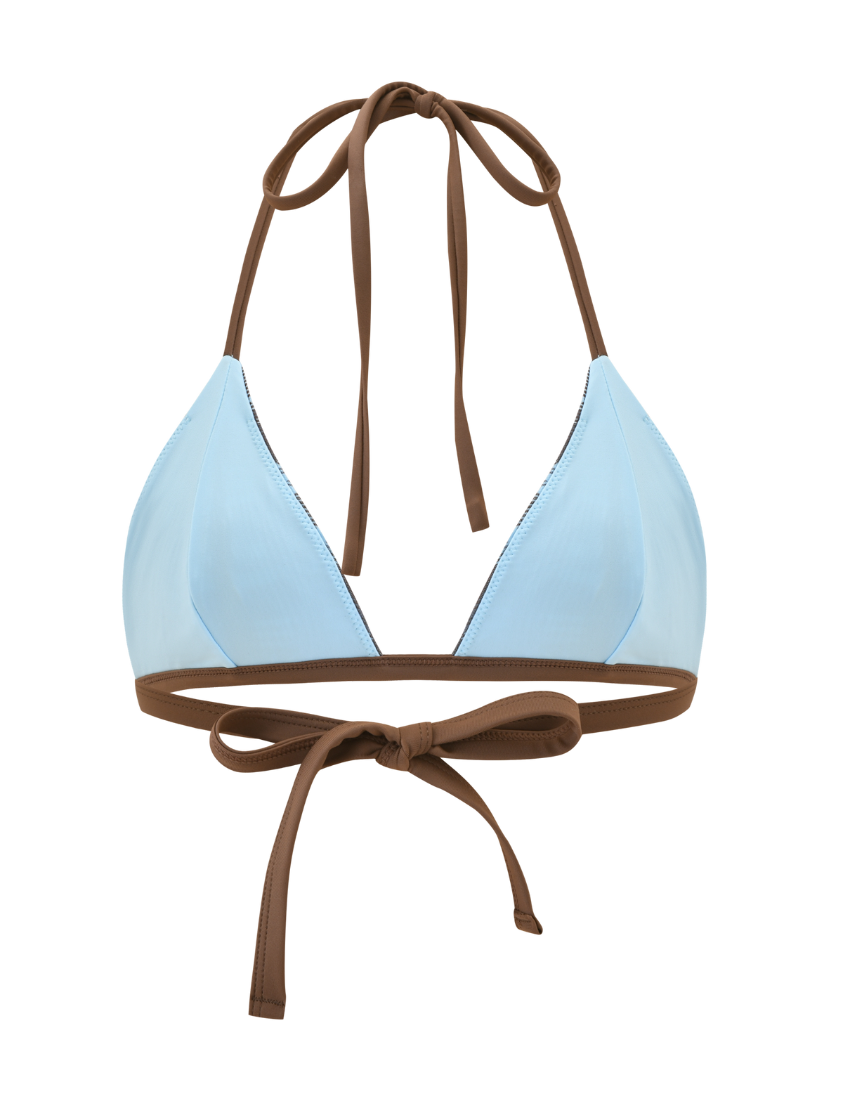 The TIGERMIST CITRINE BIKINI TOP - BLUE CHECK features light blue plaid with solid brown adjustable halter straps, tying at the neck and back. Shown on a plain white background.