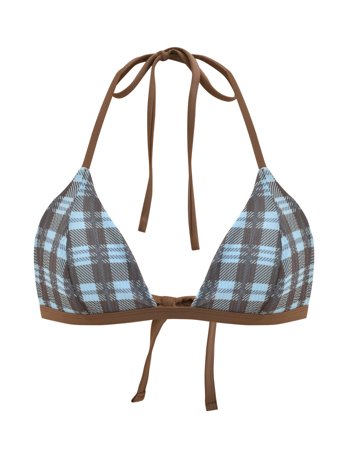 The TIGERMIST CITRINE BIKINI TOP - BLUE CHECK features blue plaid fabric with solid brown contrast straps. This adjustable halter bikini ties at the neck and back for a custom fit. Shown on a white background.