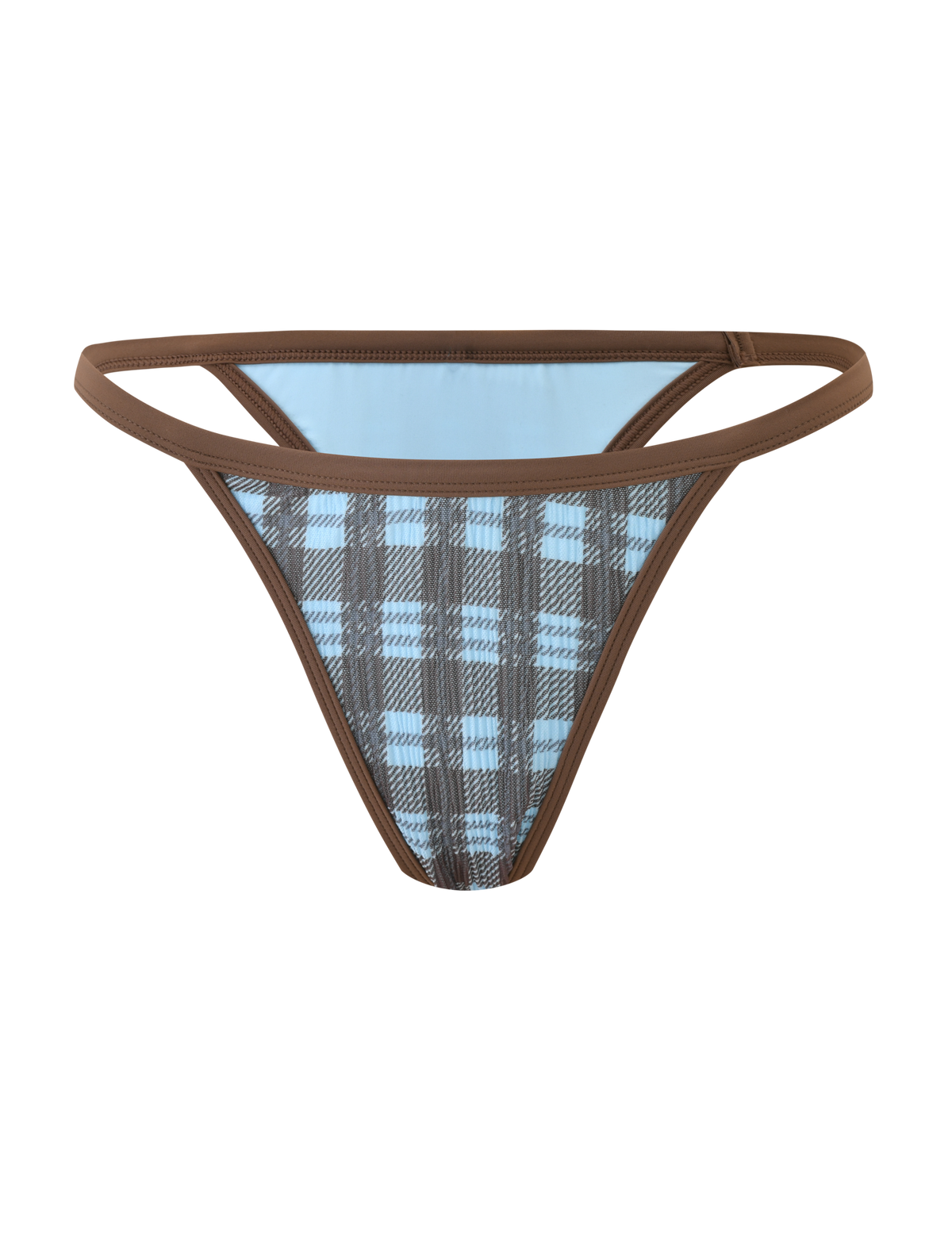 The TIGERMIST CITRINE BIKINI BOTTOM - BLUE CHECK features a low-rise blue and black plaid design with brown waistband and trim, shown on a plain white background.