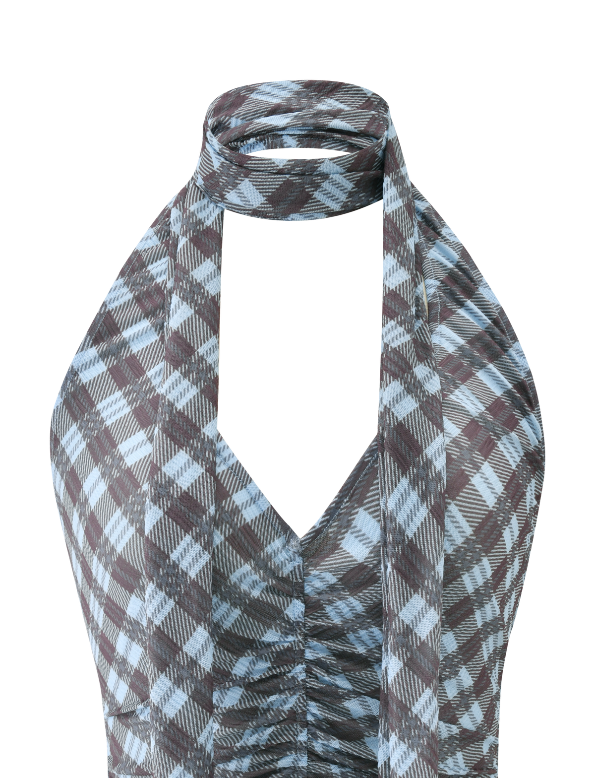 Close-up of the TIGERMIST NOBLE TOP - BLUE CHECK, featuring a plunge neckline halter style with an attached neck scarf and a modern brown and blue check pattern on white for a sculpted silhouette.