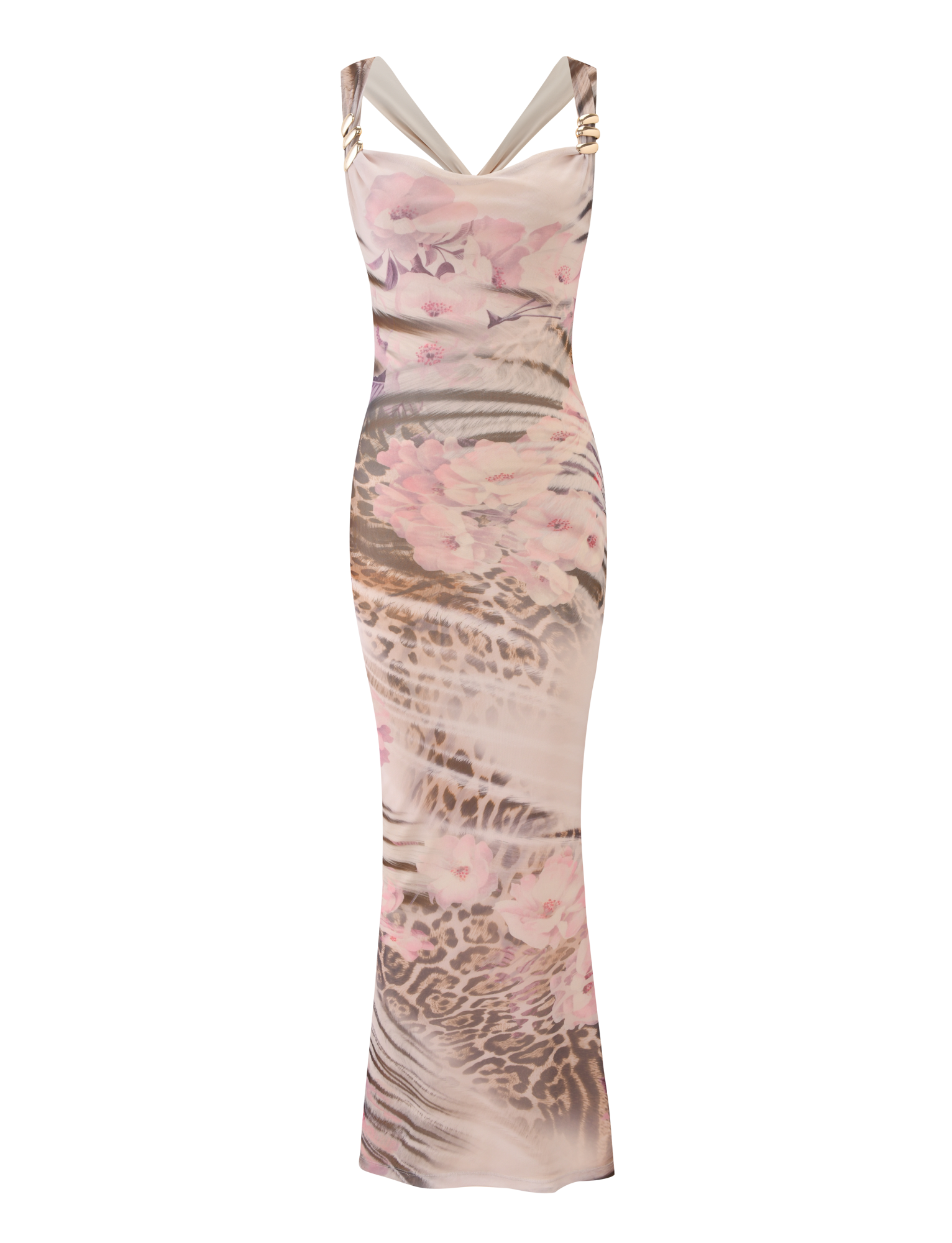The TAMARIN MAXI DRESS - MOODY ANIMAL FLORAL by TIGERMIST is a sleeveless, floor-length fitted maxi featuring a bold animal print, pink floral accents, metallic shoulder straps, and an elegant silhouette.