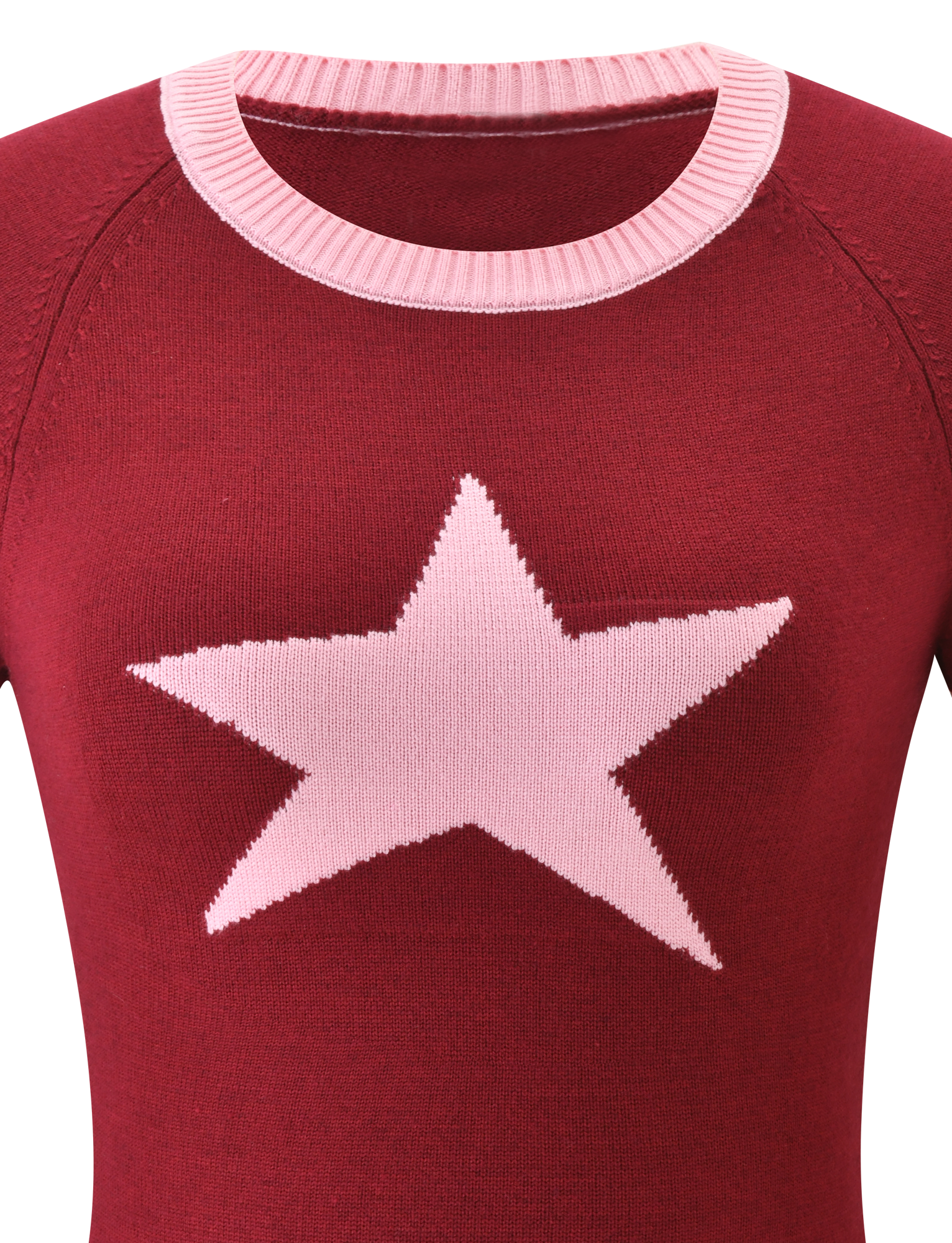 The ROUX TOP - RED by TIGERMIST is a red knit top with a light pink asymmetrical star on the chest and ribbed pink accents along the crew neckline.