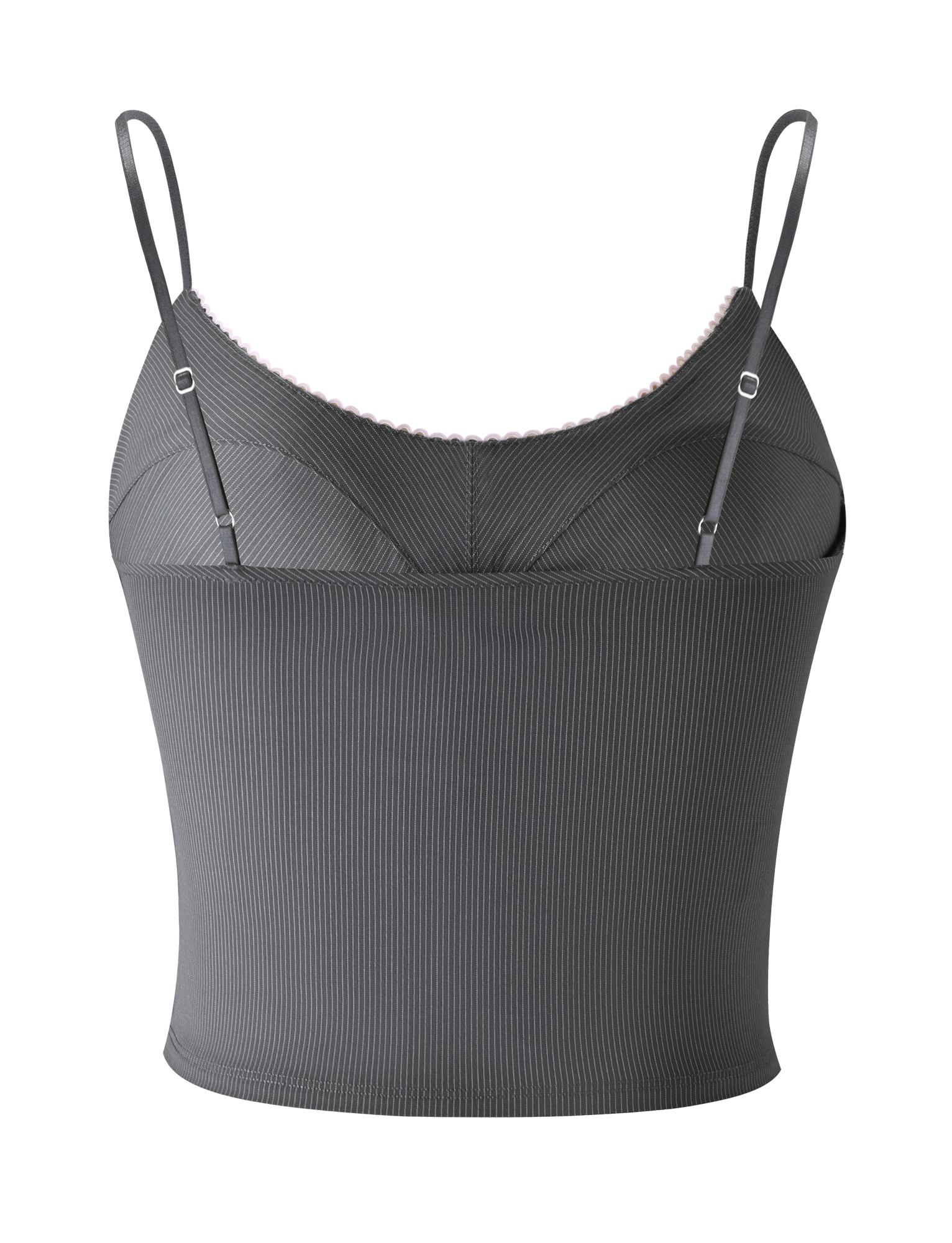 The TIGERMIST EMORY TOP in grey pinstripe features adjustable straps and a subtle sweetheart neckline, shown against a plain white background.