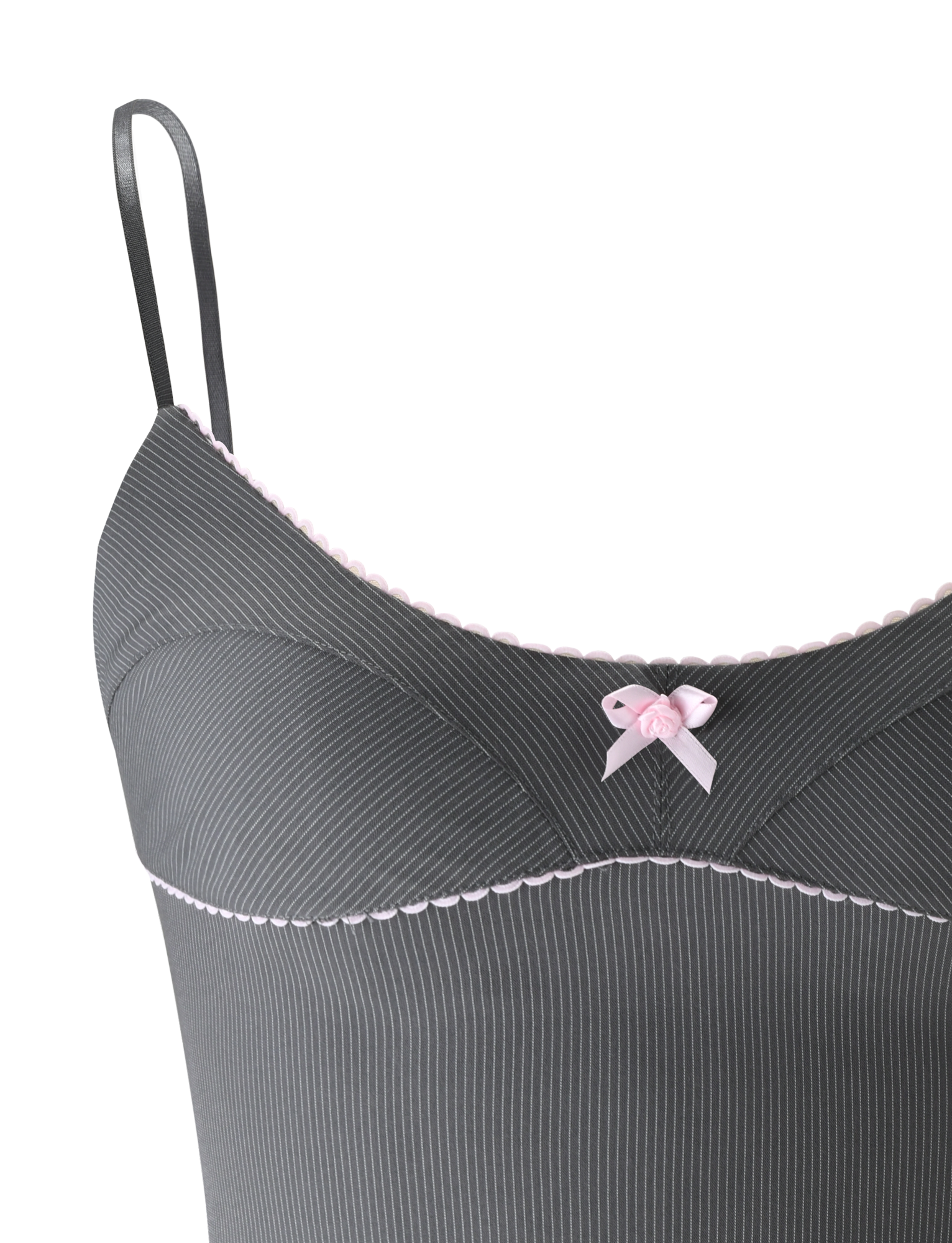 Close-up of the TIGERMIST EMORY TOP in grey pinstripe, featuring thin adjustable straps, pink scalloped trim on the scoop neckline, and a small pink bow at the center front.