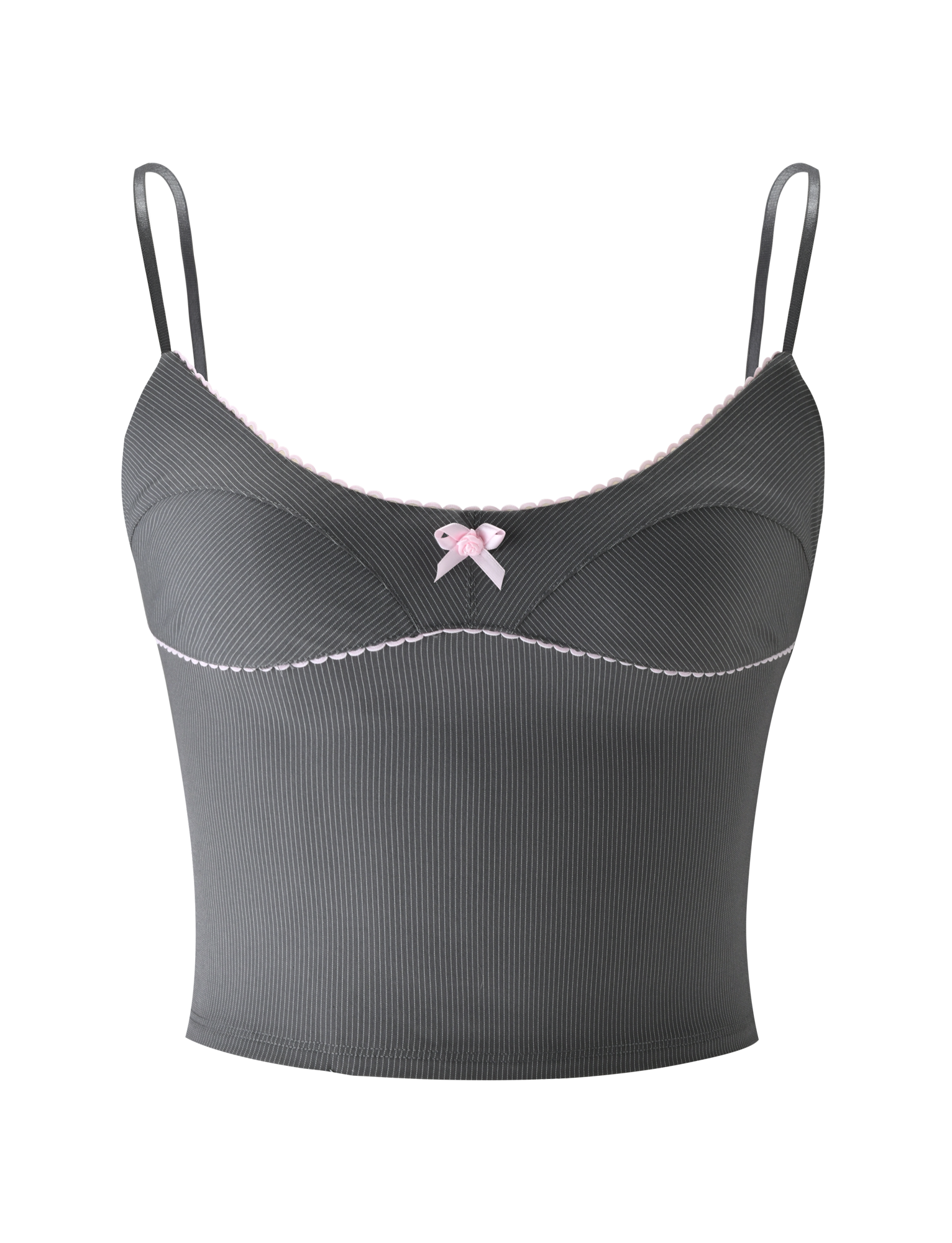 The EMORY TOP - GREY PINSTRIPE by TIGERMIST is a ribbed dark gray camisole with adjustable thin straps, a scoop neckline, pink scalloped trim, and a small pink bow at the center, shown on a plain white background.