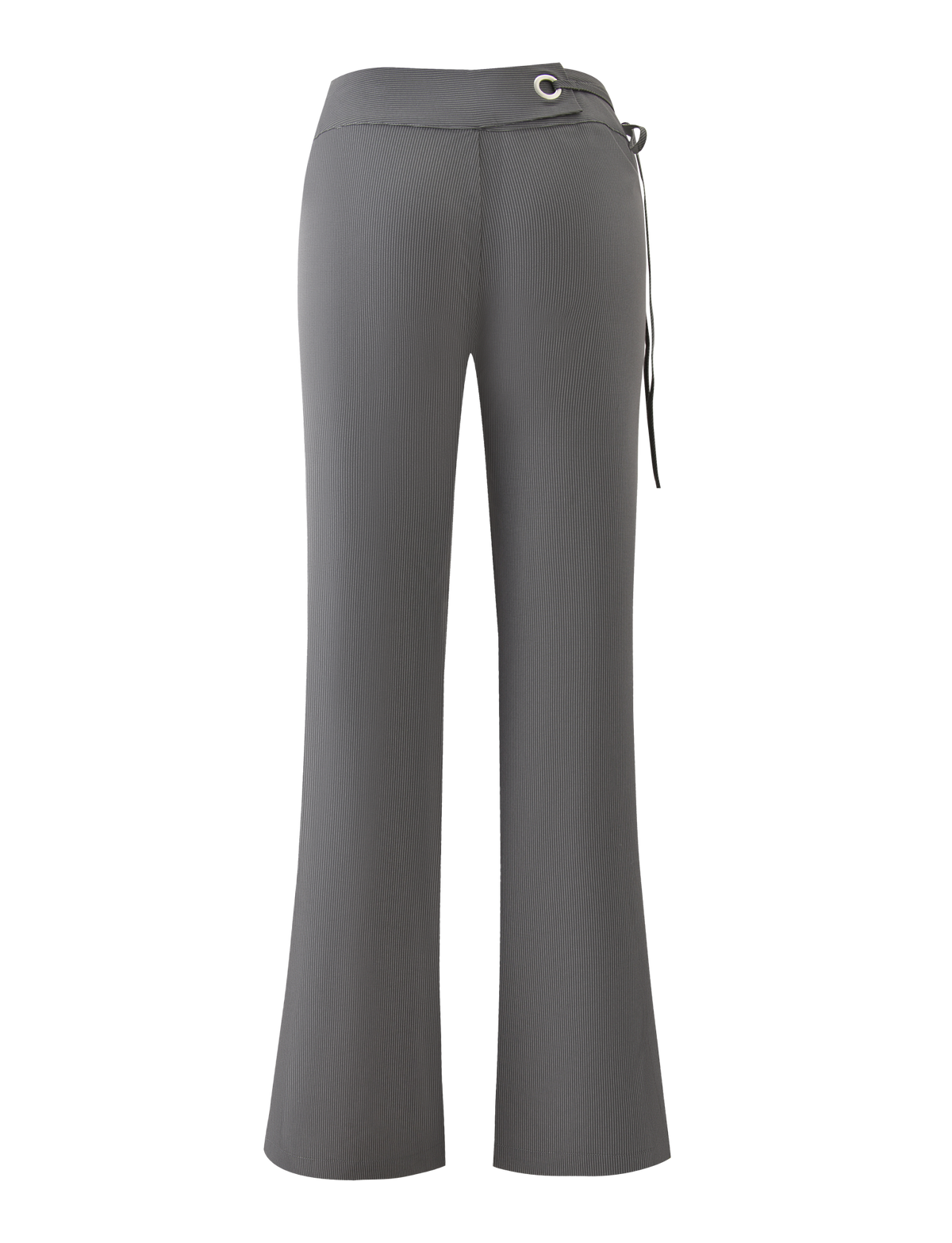 Back view of the TIGERMIST EMORY PANT in grey pinstripe, showcasing a high-waisted wide-leg fit with side-tie and eyelet detail at the waistband, set against a plain white background.