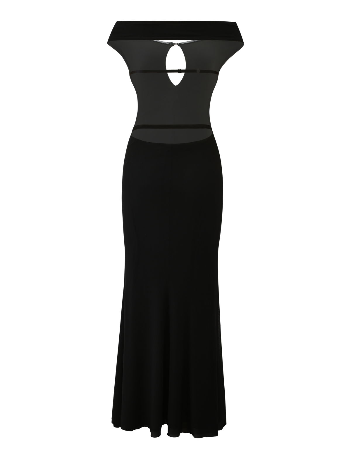 The TIGERMIST KERRIGAN MAXI DRESS - BLACK features an off-shoulder, floor-length design with a fitted bodice, chest cut-out, and sheer mesh panels at the waist and neckline.