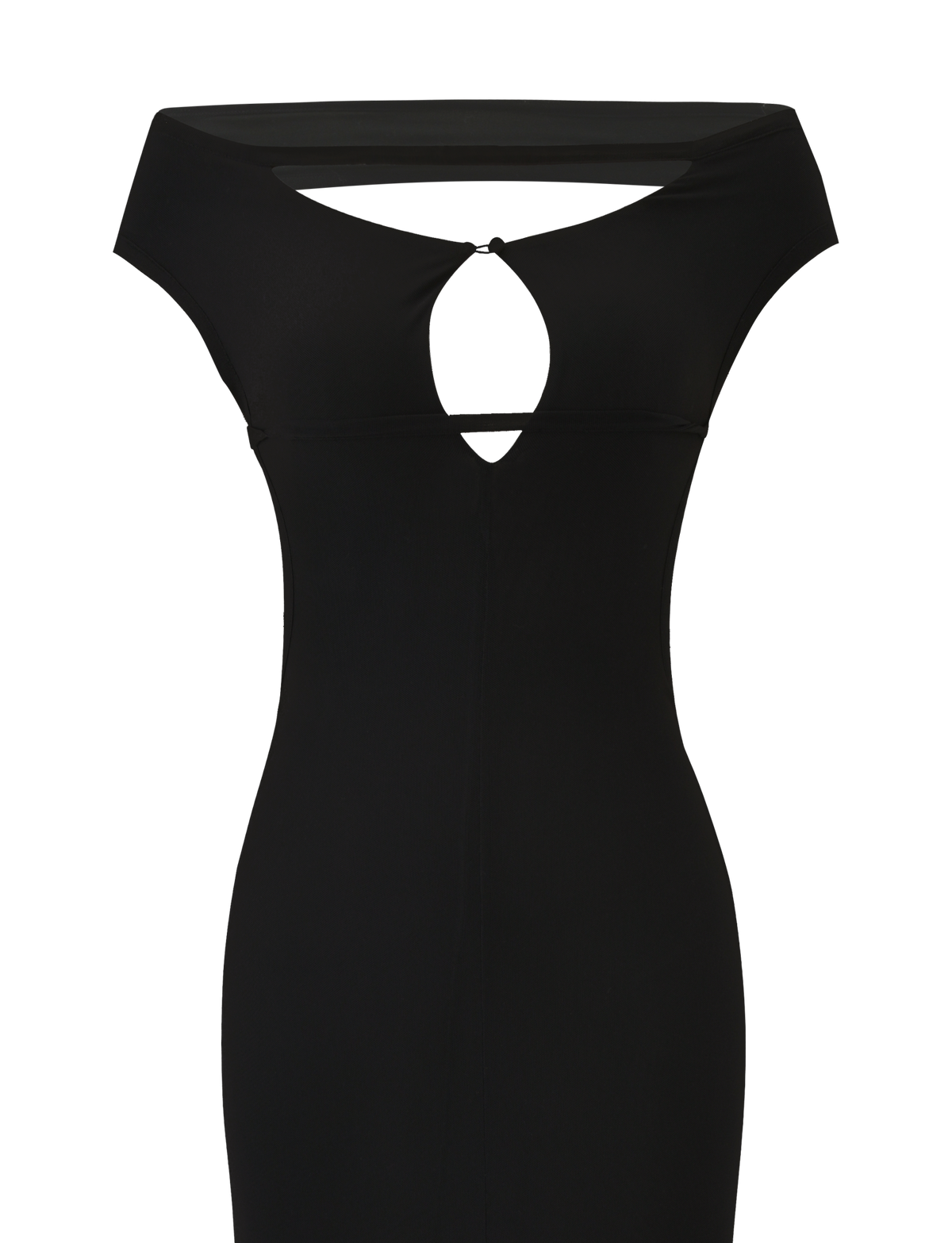 The TIGERMIST KERRIGAN MAXI DRESS in black features a sleeveless, fitted bodice, wide off-the-shoulder neckline, and a teardrop chest cutout for an effortlessly chic, minimalist look.