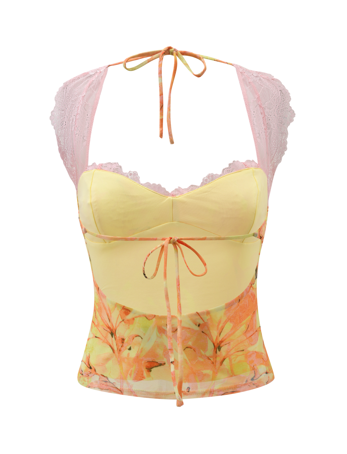 The TIGERMIST DUNE MESH TOP - CREAMSICLE is a sleeveless, floral-patterned camisole with a yellow bodice, pink lace straps, and orange ribbon ties at the bust and waist, vividly displayed on a white background.