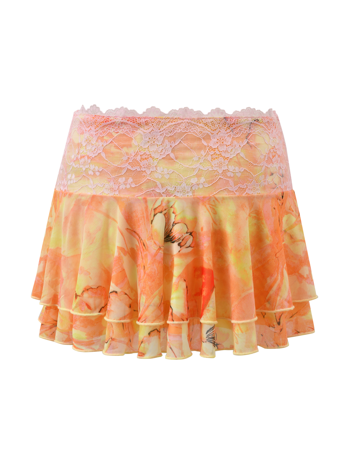 The DUNE MESH SKIRT - CREAMSICLE by TIGERMIST is a mini skirt with tiered ruffles, a pink lace waistband, and a vibrant orange-yellow watercolor floral pattern on layered, flowy fabric for a playful look.