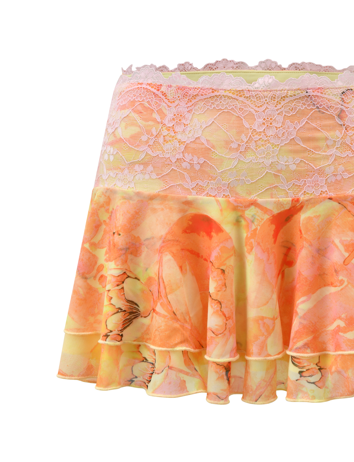 The DUNE MESH SKIRT - CREAMSICLE by TIGERMIST features layered ruffles in a pastel orange and yellow marble print, finished with a wide pale pink lace waistband.