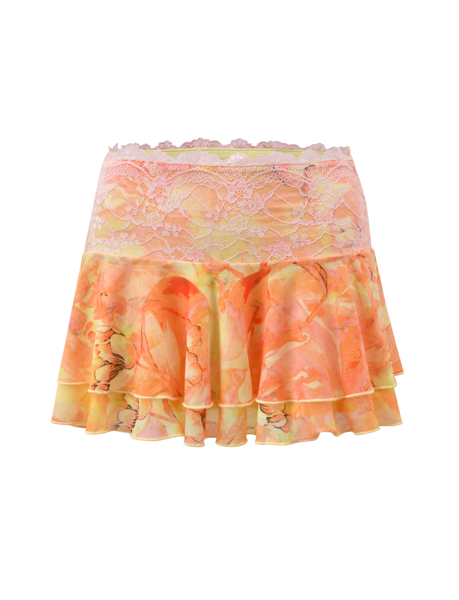 The TIGERMIST DUNE MESH SKIRT - CREAMSICLE features a pink lace waistband, vibrant orange and yellow watercolor floral print, and tiered ruffle layers for playful movement.