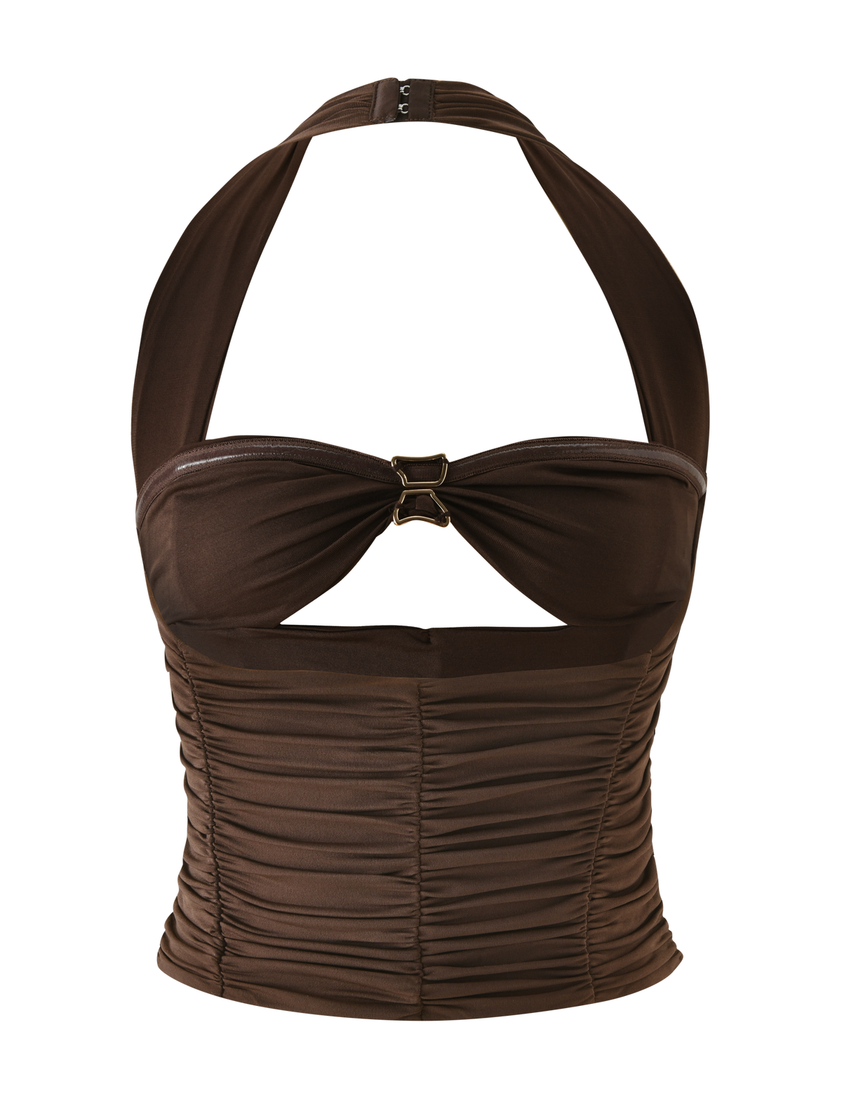 The TIGERMIST BRIALLEN TOP - CHOCOLATE is a brown halter top with a sweetheart neckline, ruched details, a keyhole cutout at the bust, and a decorative metal clasp at the center front.