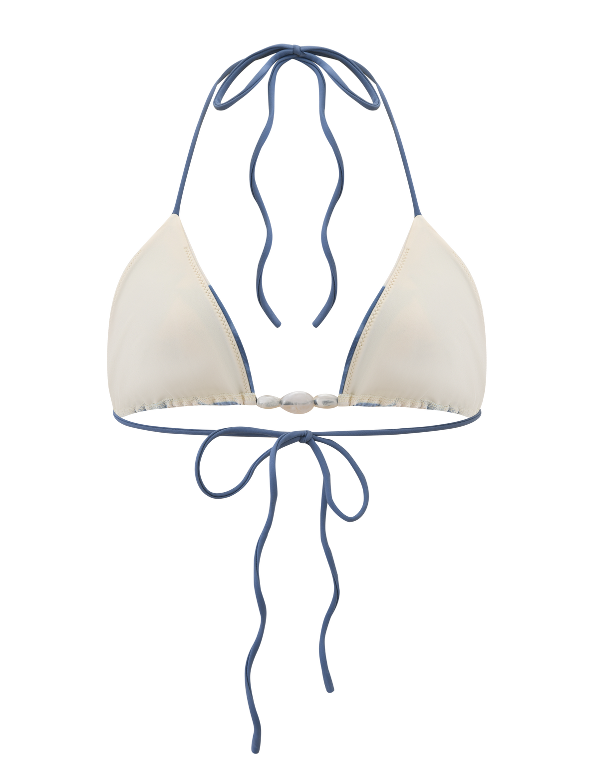 The TIGERMIST CYLAS BIKINI TOP - INDIGO FLORAL features a cream halter neck design with blue straps and trim, plus an adjustable tie-back closure for a perfect fit.