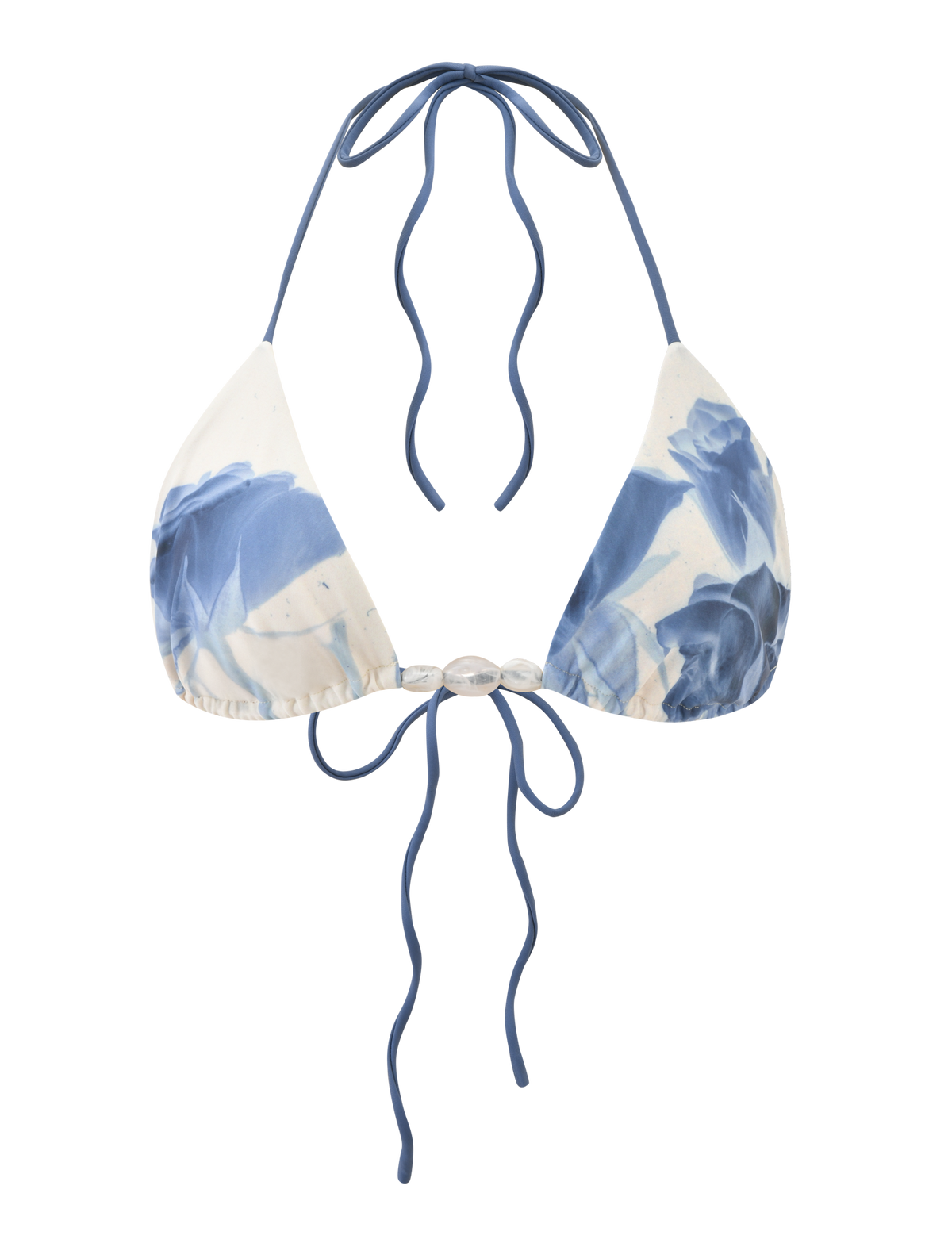 The TIGERMIST CYLAS BIKINI TOP - INDIGO FLORAL is a blue and white floral halter neck bikini top with adjustable back ties, shown on a transparent background.