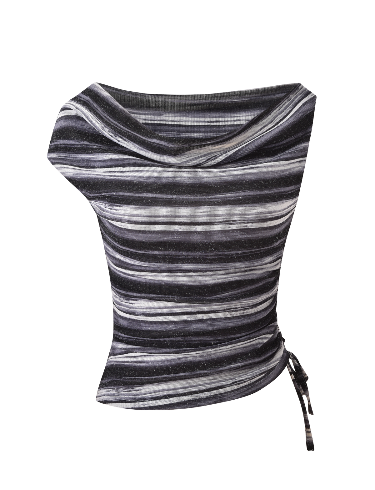 The BRAELYN TOP - GREY STRIPE by TIGERMIST is a sleeveless women's top with a draped cowl neckline, black, gray, and white stripes, plus a side tie detail on the lower right. Shown against a plain white background.