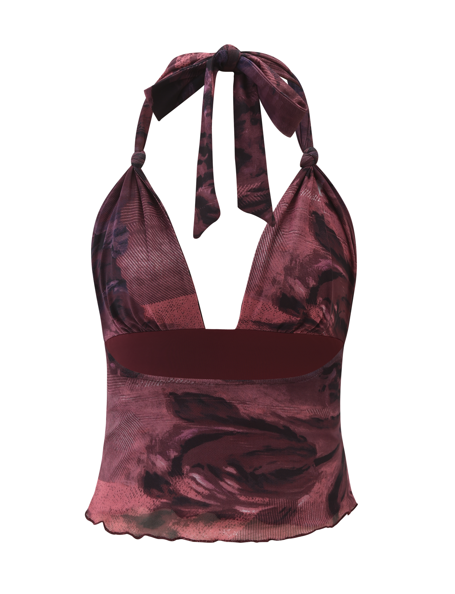 The FRIEDA TOP - BURGANDY ROMANTICA by TIGERMIST is a sleeveless, backless halter with a deep V-neck, tie-up neckline, and maroon-black abstract floral print—an eye-catching twist on the classic burgundy top.