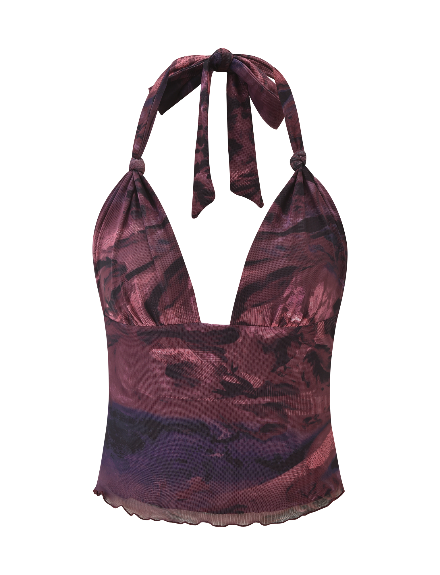 The FRIEDA TOP - BURGANDY ROMANTICA by TIGERMIST is a sleeveless halter top with a plunging neckline, neck tie, and a textured abstract maroon and purple swirl pattern inspired by the Frieda Dress.