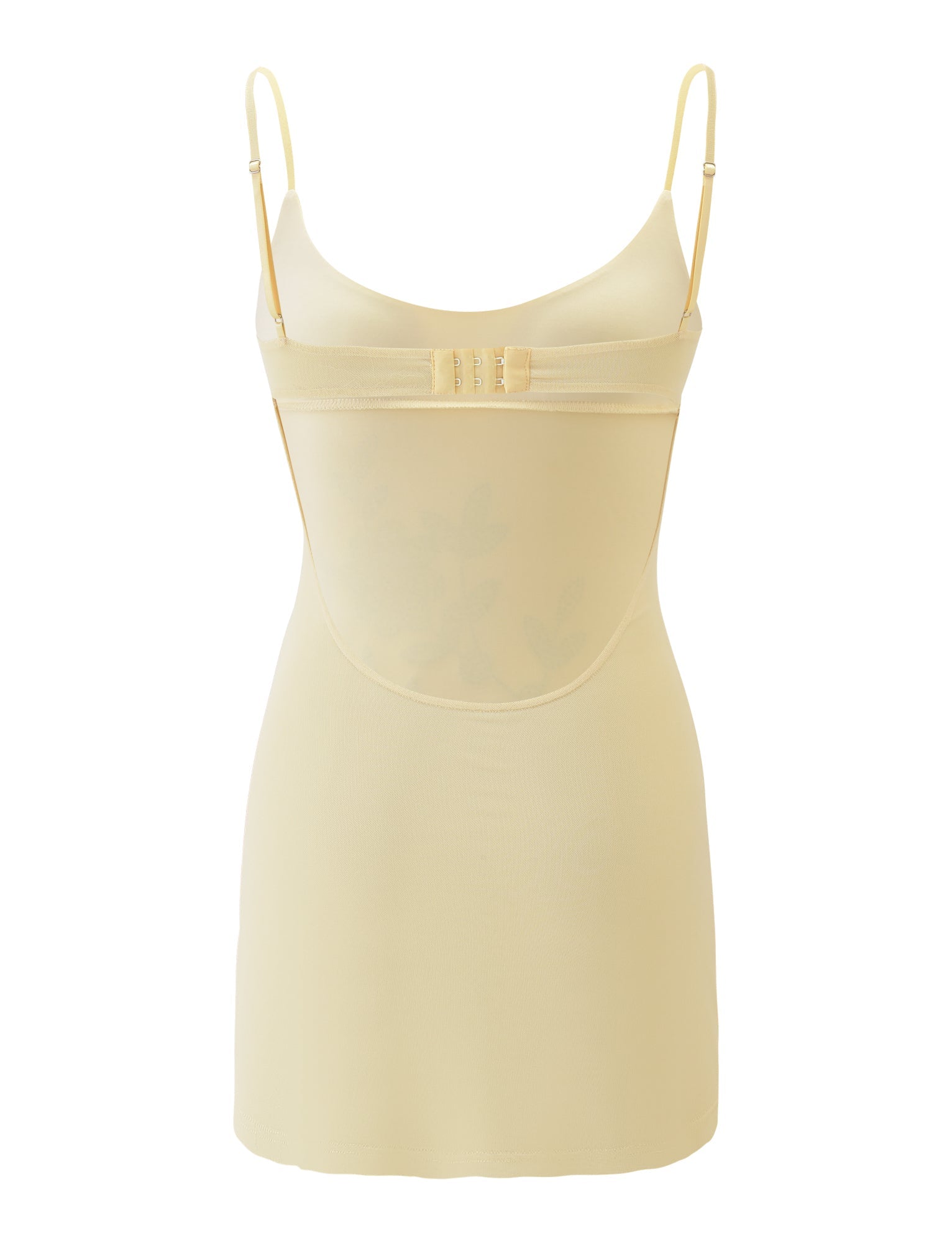 The OCTAVIA MINI DRESS by TIGERMIST is a light yellow, body-hugging mini dress with adjustable spaghetti straps, a sleeveless design, and a low scooped back, shown against a plain white background.