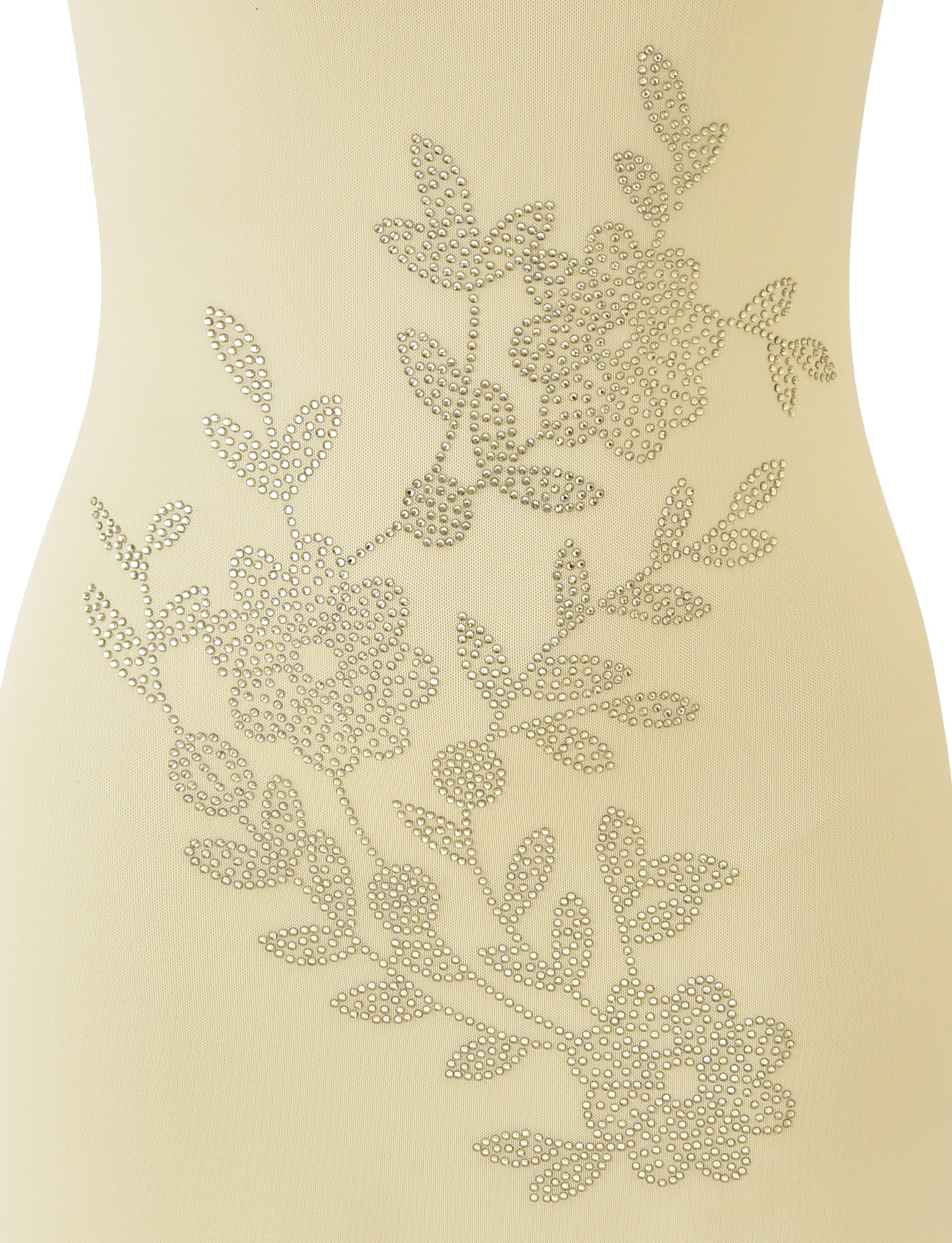The OCTAVIA MINI DRESS by TIGERMIST features yellow fabric adorned with silver rhinestones in a floral pattern of branches, leaves, and flowers.
