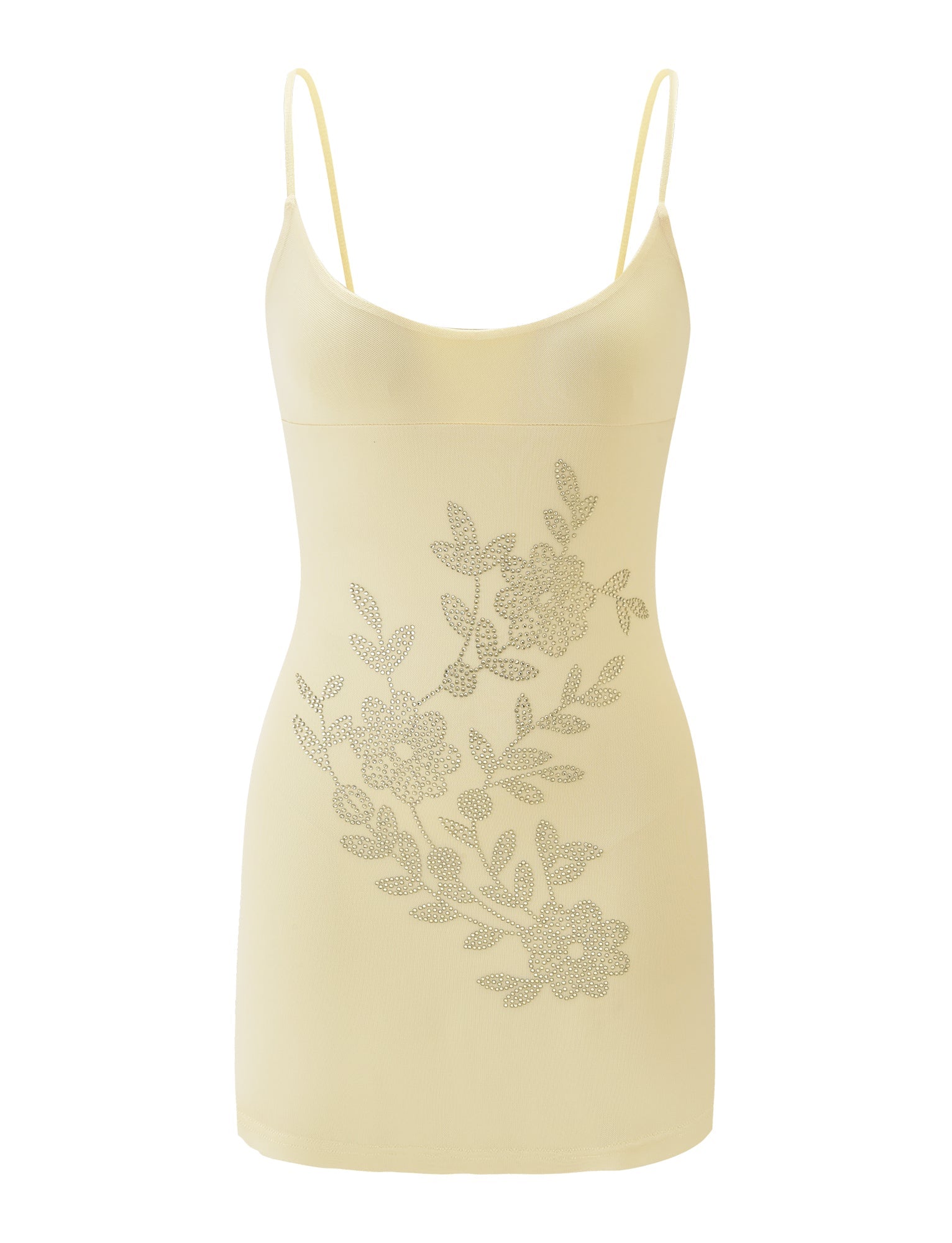 The OCTAVIA MINI DRESS in yellow by TIGERMIST is a pale yellow mini dress with adjustable spaghetti straps and small silver floral embellishments across the front.