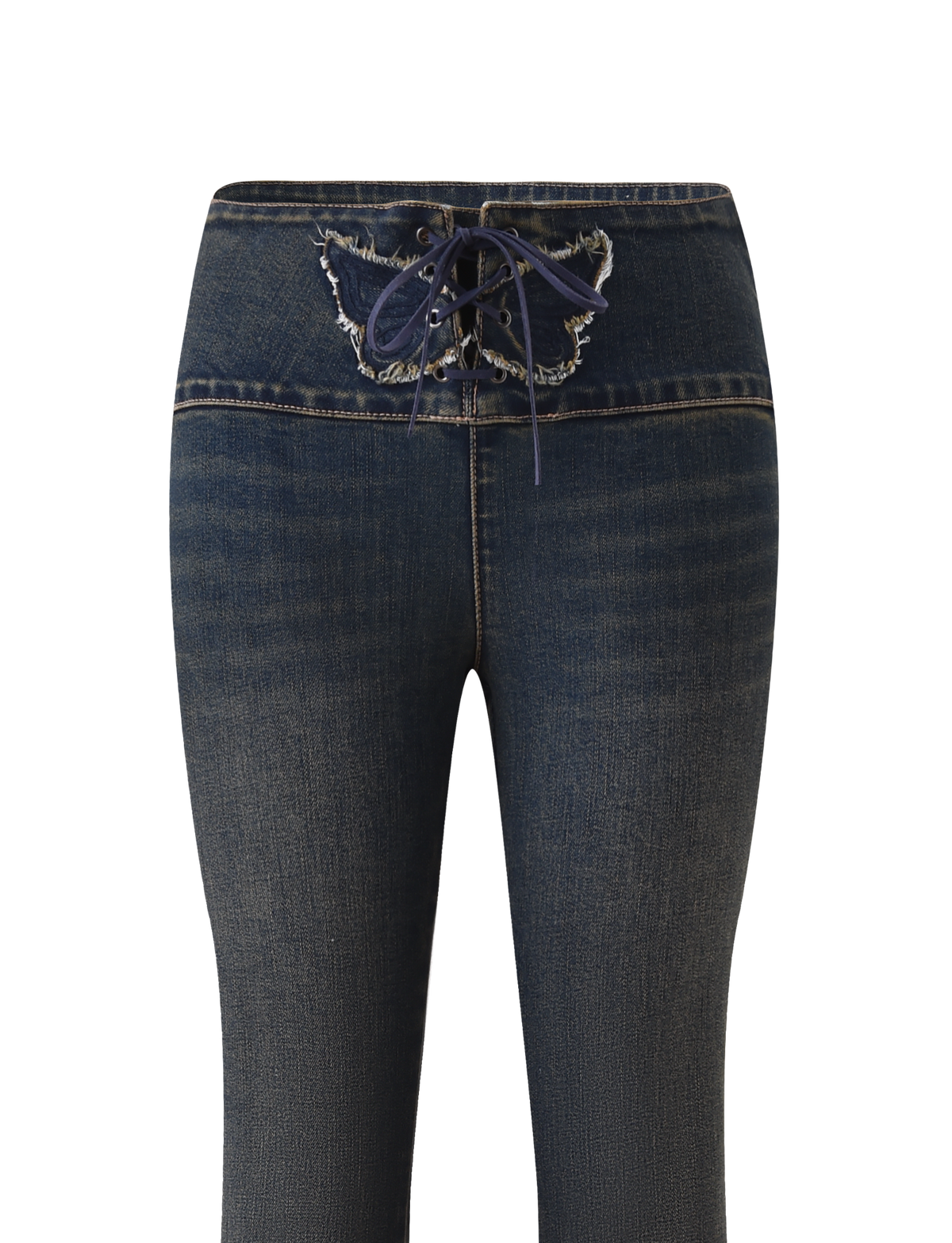 The RIONA JEAN - MIDWASH by TIGERMIST features dark blue denim, a front lace-up closure, frayed waistband edges, subtle thigh fading, and a flattering flared leg. Shown against a plain white background.