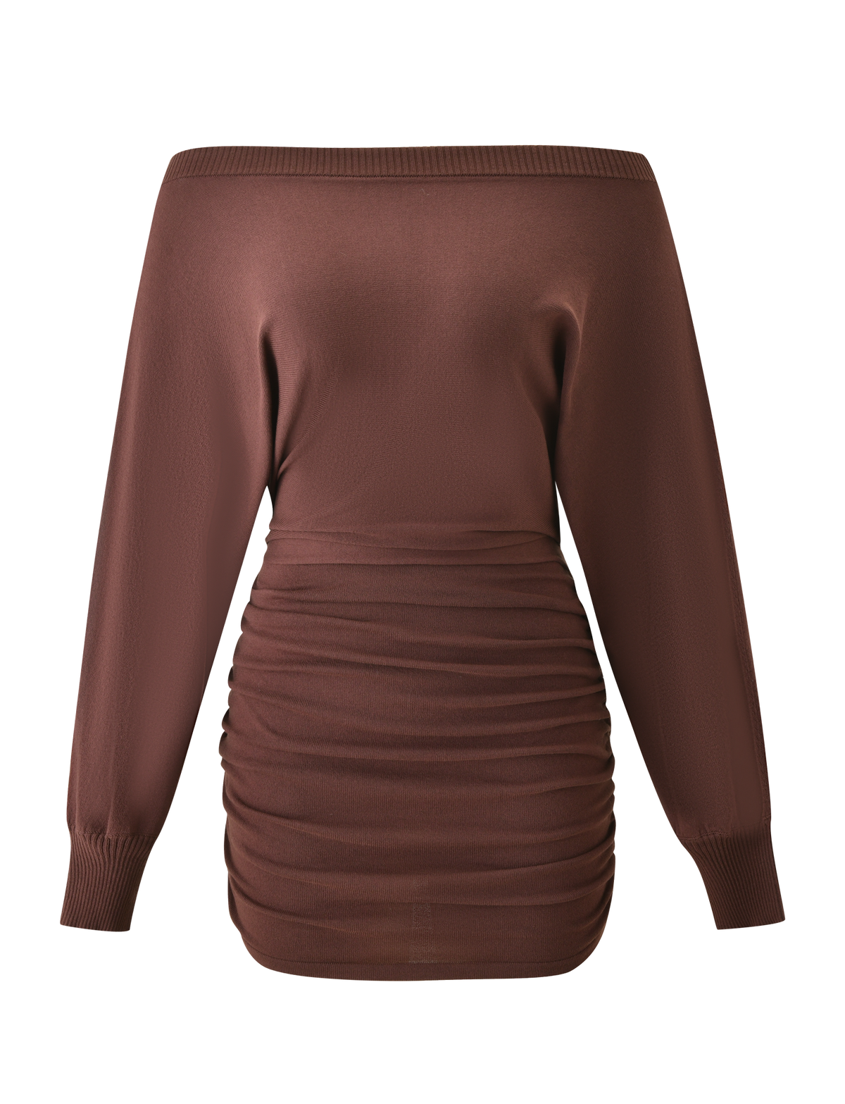 The TIGERMIST JANINE MINI DRESS in chocolate features an off-the-shoulder knit design, long sleeves, ruched bodycon mini skirt, and ribbed cuffs, showcased against a plain white background.