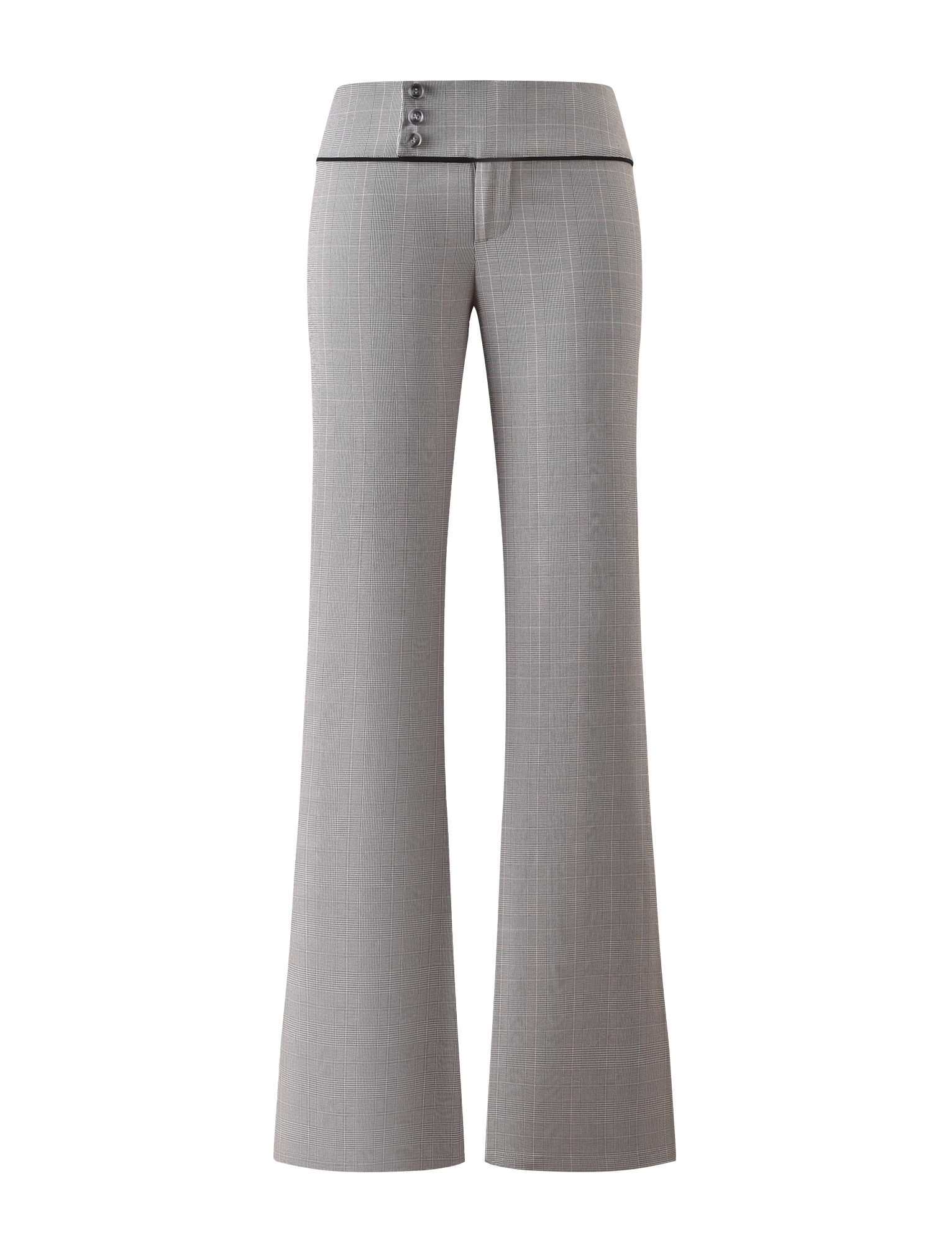 The TERESIA PANT - GREY CHECK by TIGERMIST features light grey, high-waisted suiting trousers with a subtle plaid pattern, wide waistband with three buttons on the left, black trim below the waistband, and flared wide legs.