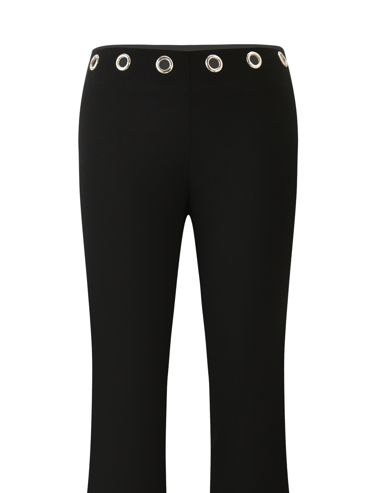 The MARREN PANT - BLACK by TIGERMIST is a low-rise fitted pant with silver grommet details on the waistband, displayed front-facing against a plain white background.