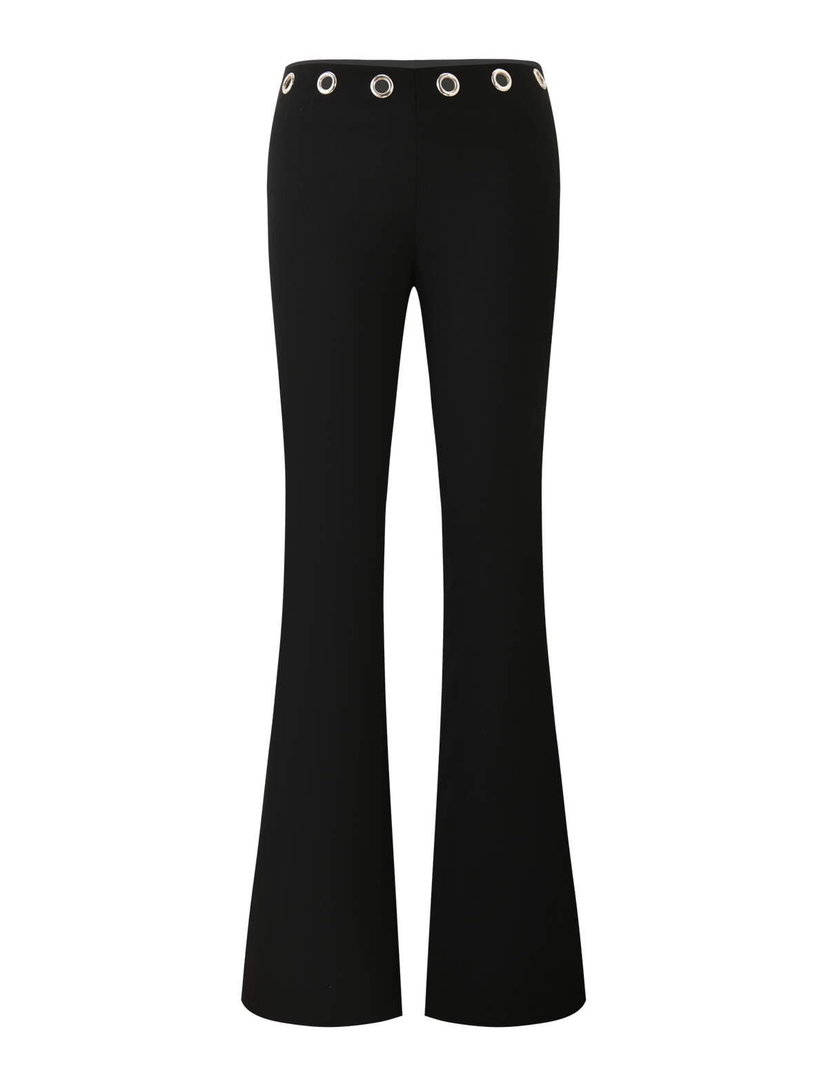 The MARREN PANT - BLACK by TIGERMIST features a low-rise waist, wide flared legs, and silver grommets around the waistband. Shown against a plain white background.