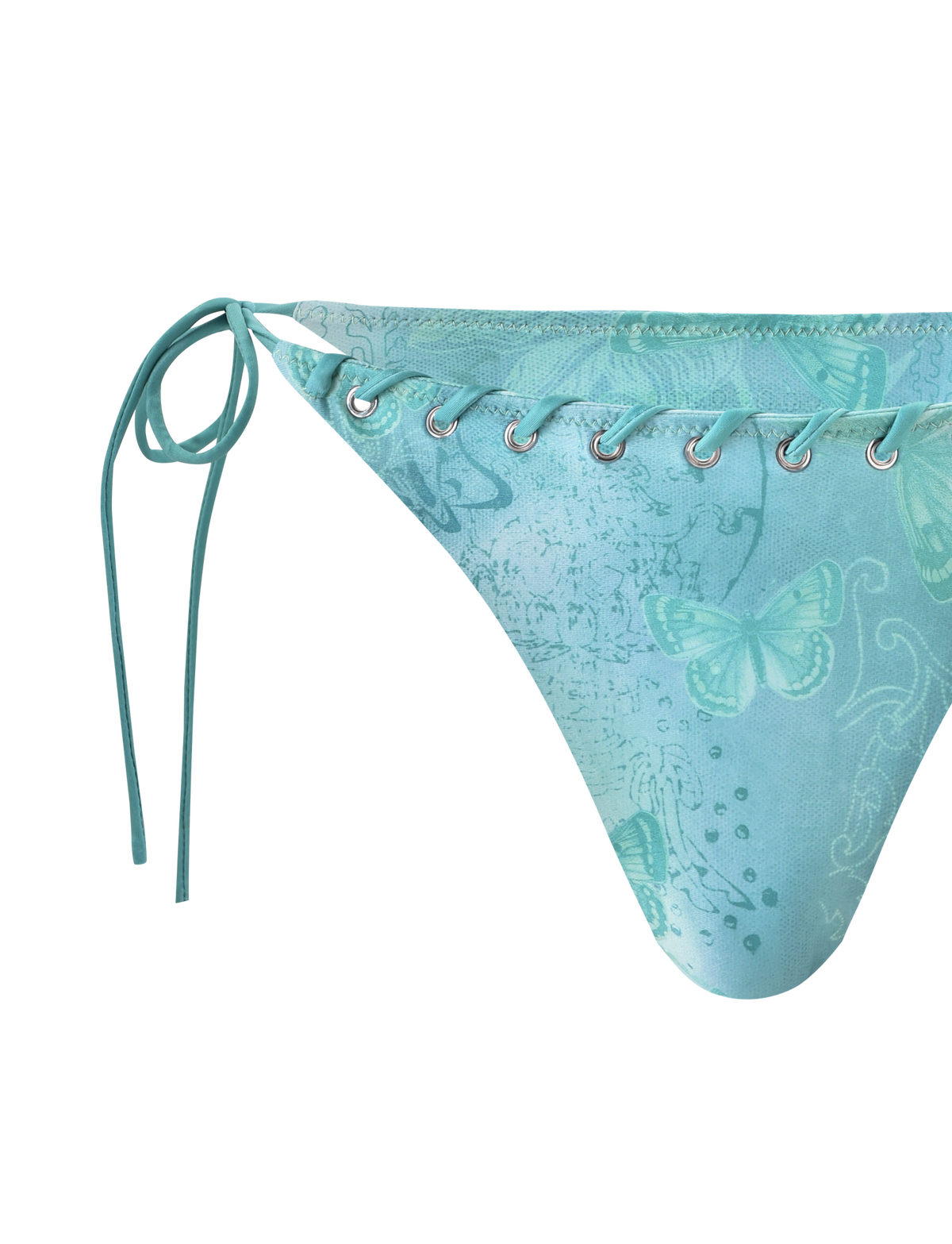 Close-up of TIGERMIST ROBYN BIKINI BOTTOM - BLUE BUTTERFLY PAISLEY in turquoise with adjustable side ties, silver grommets, and a blue butterfly paisley print blending blue and green hues for a fresh summer vibe.