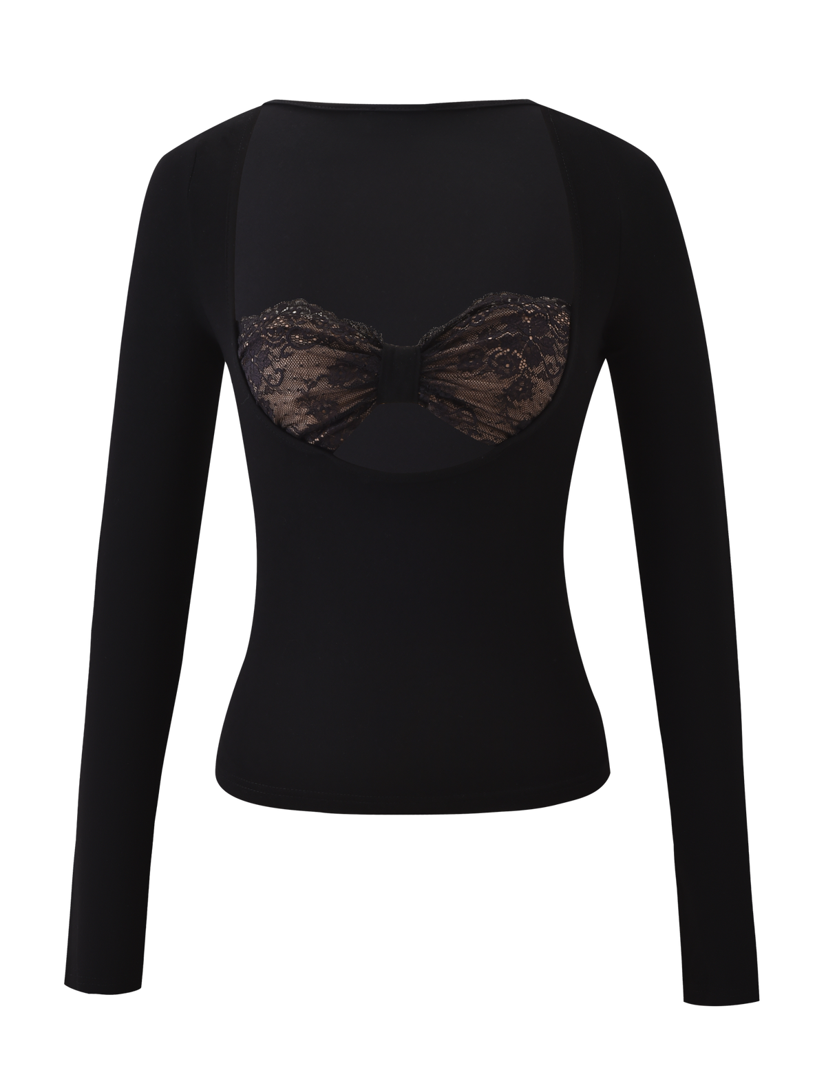 The DAMELA LONG SLEEVE TOP by TIGERMIST is a black top with sheer chest panel, lace bow design across the bust, and an adjustable scoop neckline for a customizable fit.