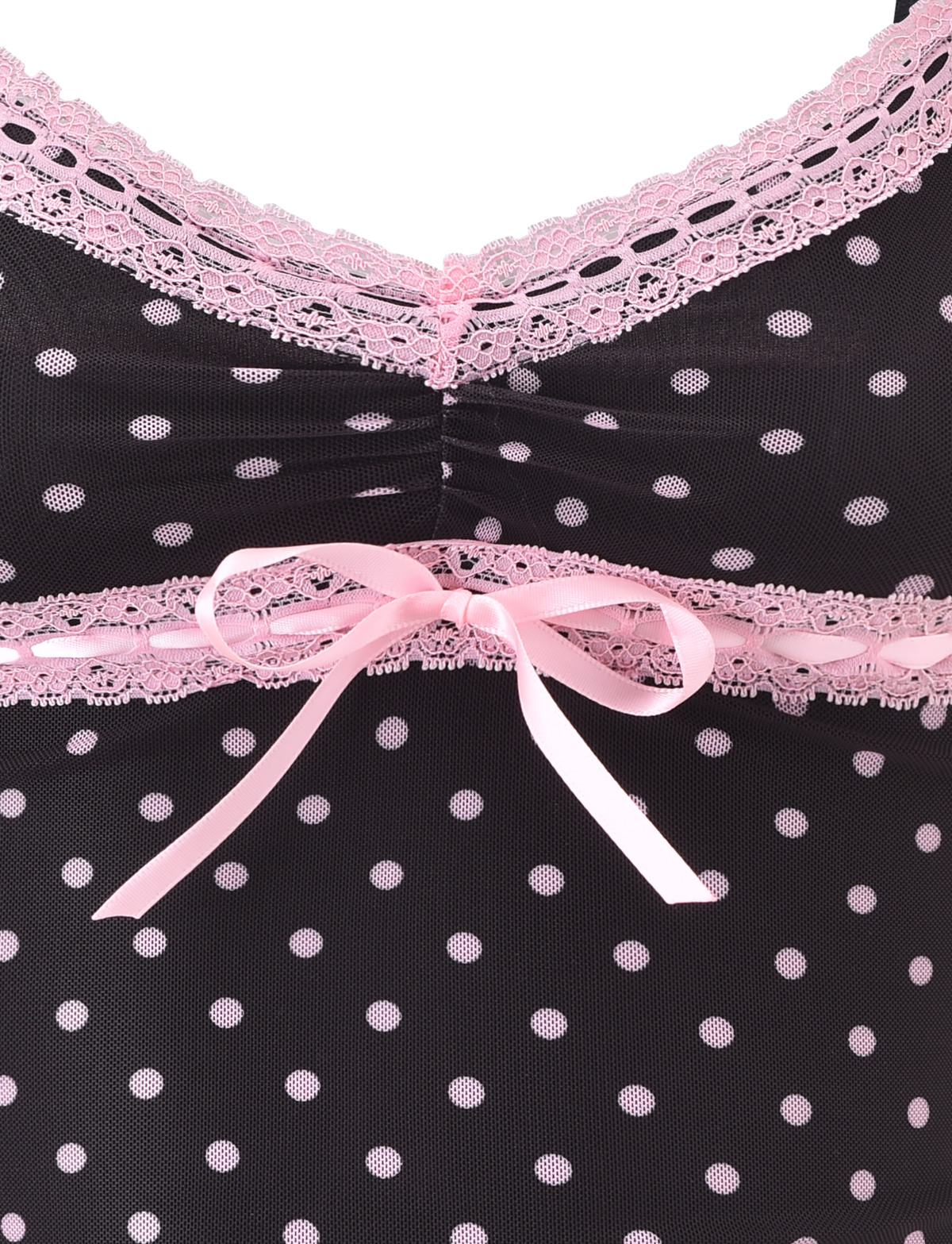 Close-up of the TIGERMIST AMARA TOP in black, featuring light pink polka dots, delicate pink lace trim, and a central ribbon bow—designed as stylish lingerie or nightwear.