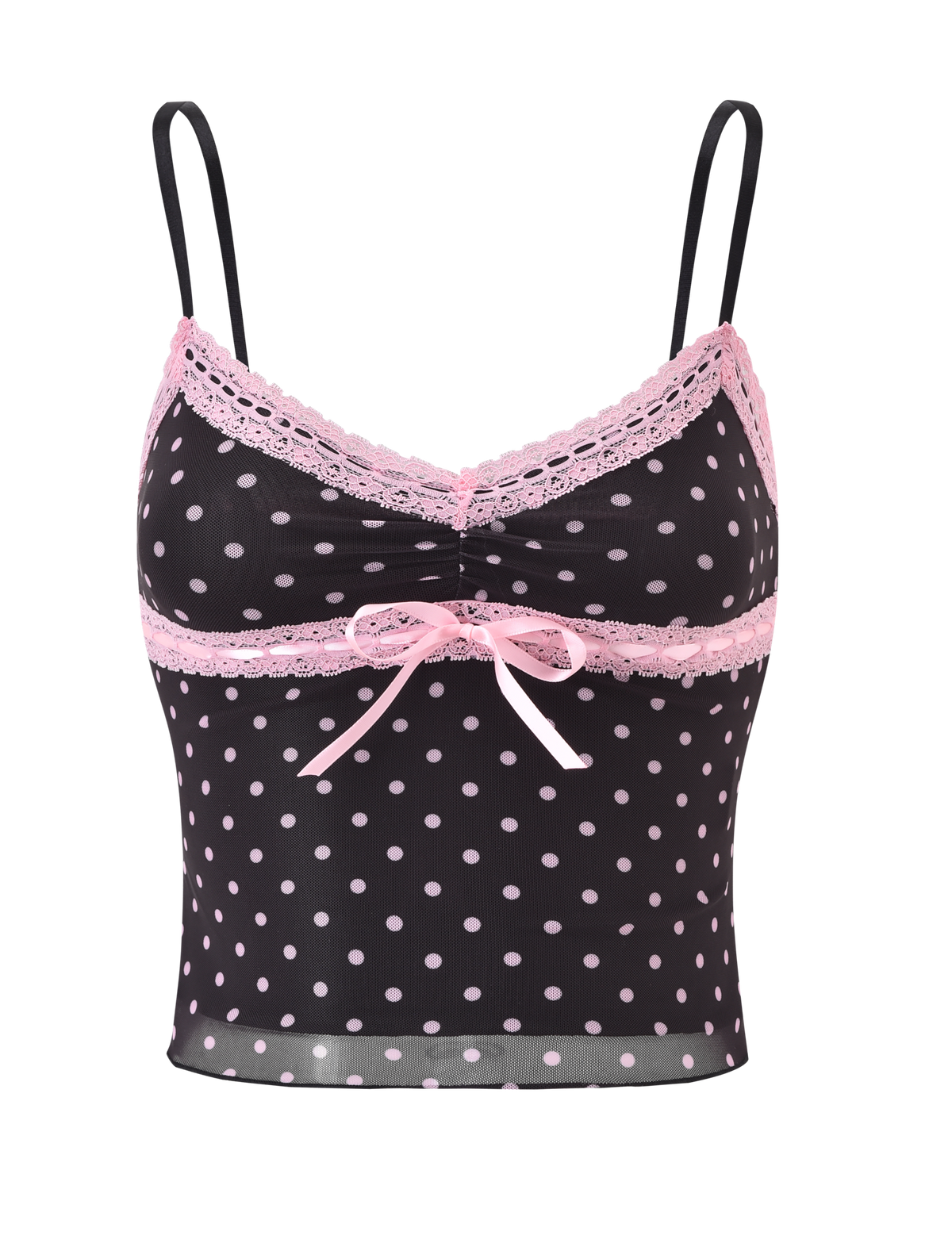The AMARA TOP - BLACK by TIGERMIST is a black polka dot cami with light pink dots, lace trim on the neckline and straps, and a pink ribbon bow at the center front for a charming touch.