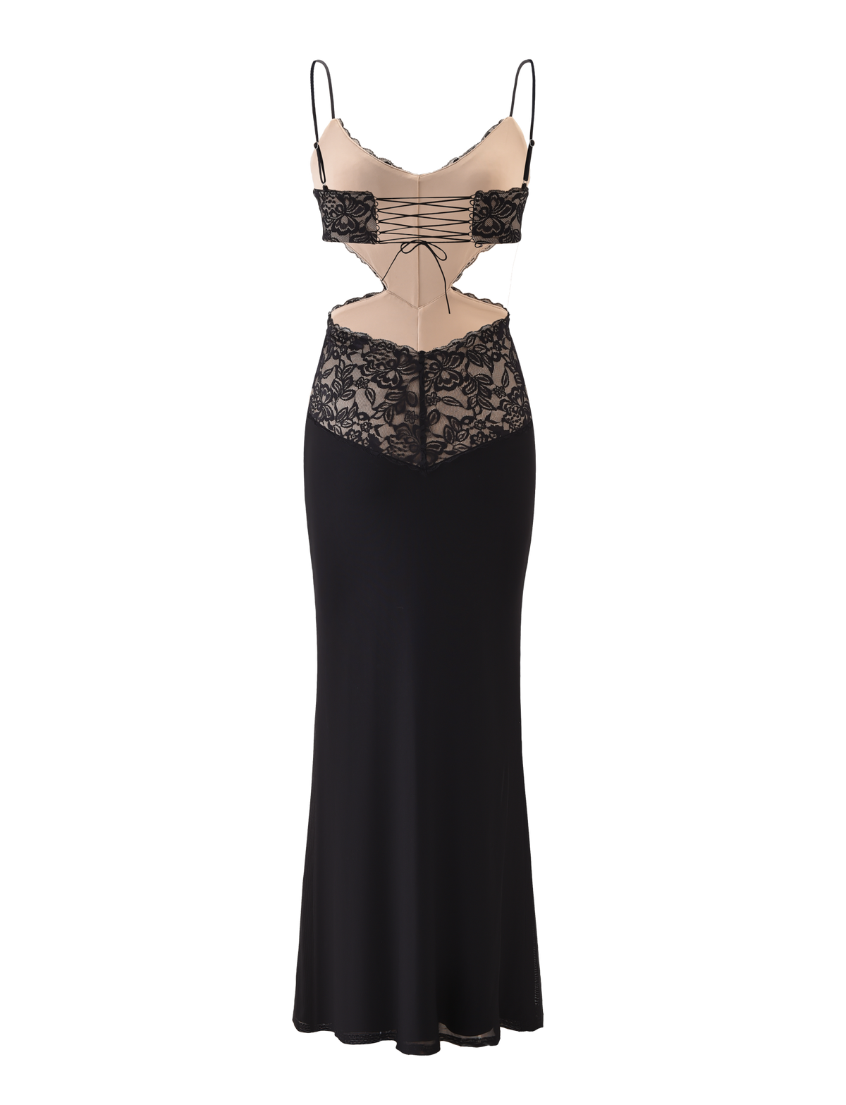 The TIGERMIST WISTERIA MAXI DRESS - BLACK features thin adjustable straps, nude mesh panels, black lace bodice and hip details, cutout sides, and a fitted silhouette that flares subtly at the hem.