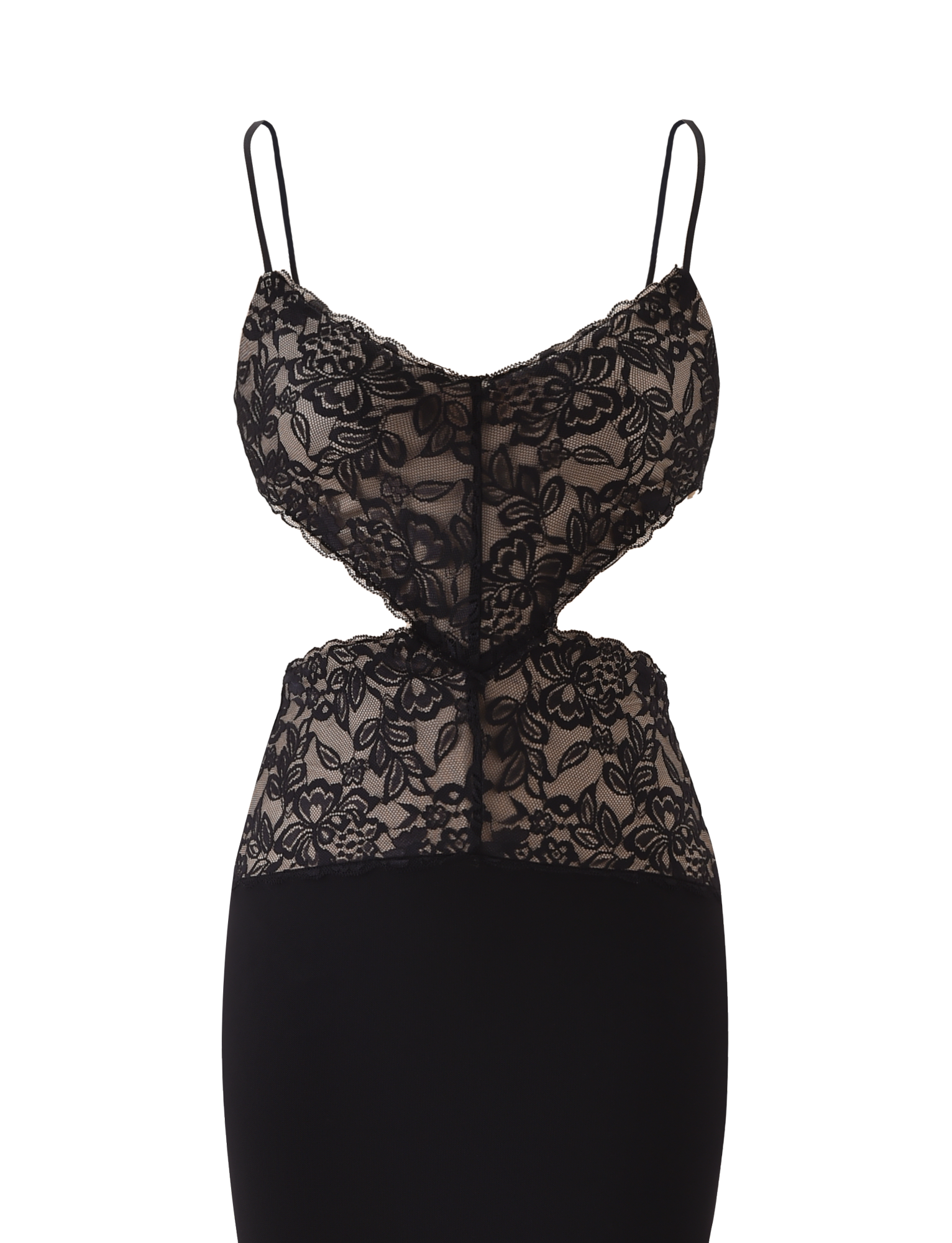 The TIGERMIST WISTERIA MAXI DRESS - BLACK is a sleeveless maxi dress with adjustable straps, a sheer floral lace bodice with cutout sides and lace-up front, a solid black skirt, and a nude underlayer.