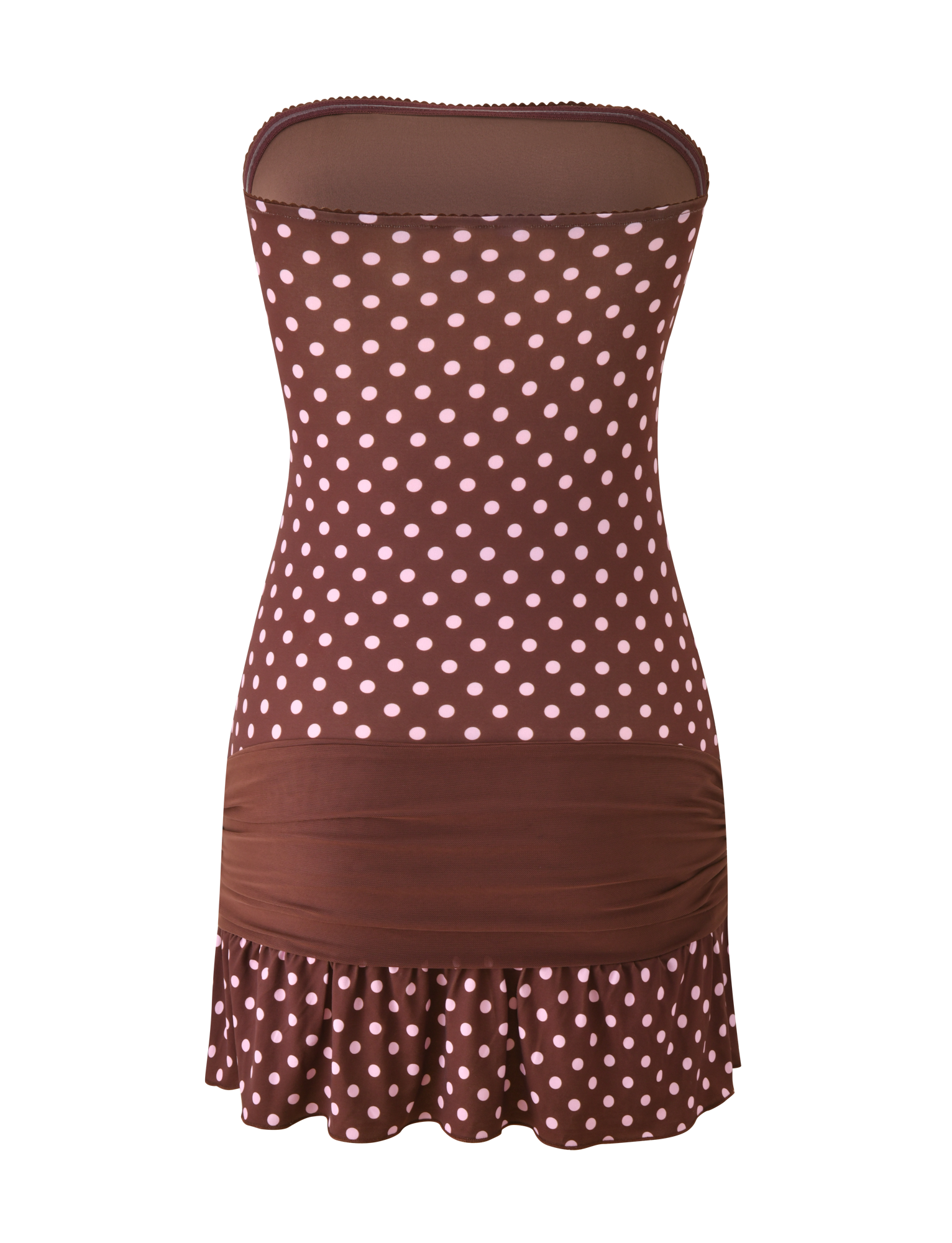 The TIGERMIST TOVE MINI DRESS in chocolate polka dot features a strapless sweetheart neckline, fitted bodice, ruched waistband, and ruffle hem with light pink dots. Displayed on a plain white background.