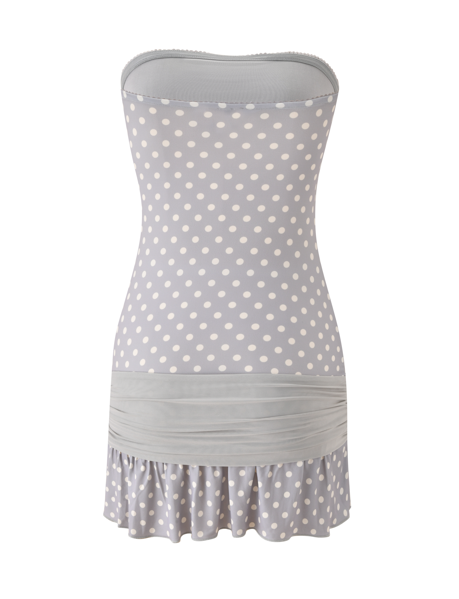 The TIGERMIST TOVE MINI DRESS features a strapless, fitted silhouette with a dove grey base and cream dots, sweetheart neckline, ruched waistband, and ruffle hem.