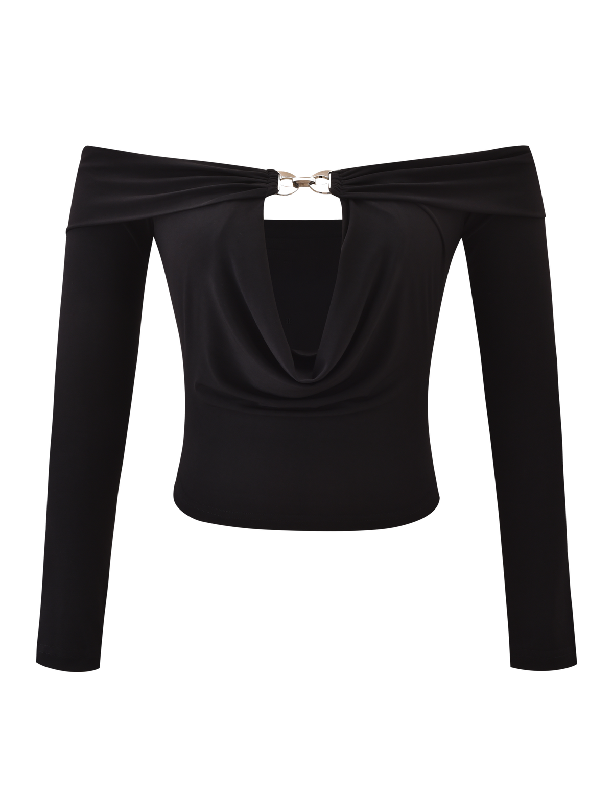 The JENESIS LONG SLEEVE TOP by TIGERMIST is a black, off-the-shoulder, slinky jersey top with long sleeves, a draped front, and a metallic ring at the neckline for a chic, fitted look.