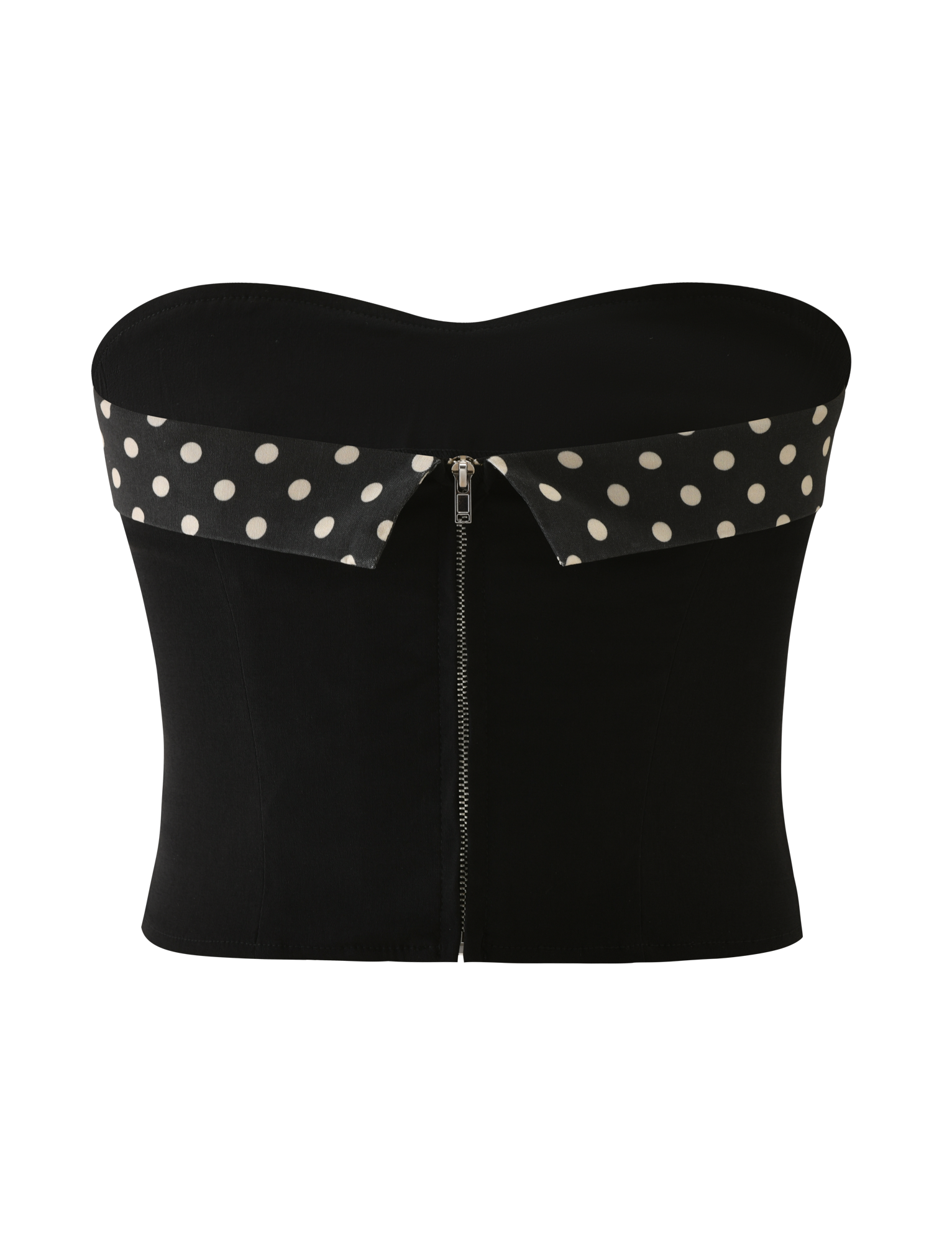 The TIGERMIST KITTIE 2.0 BUSTIER - BLACK is a strapless bustier top in stretch suiting fabric with a front zipper and a folded black and white polka dot collar.