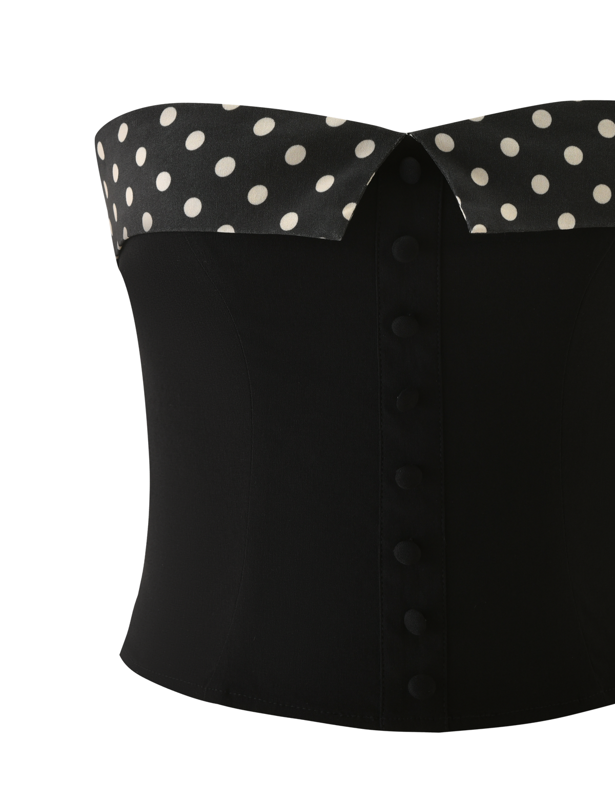 The TIGERMIST KITTIE 2.0 BUSTIER - BLACK is a strapless corset with a black and white polka dot folded-over neckline, crafted from stretch suiting fabric and detailed with covered buttons down the front.