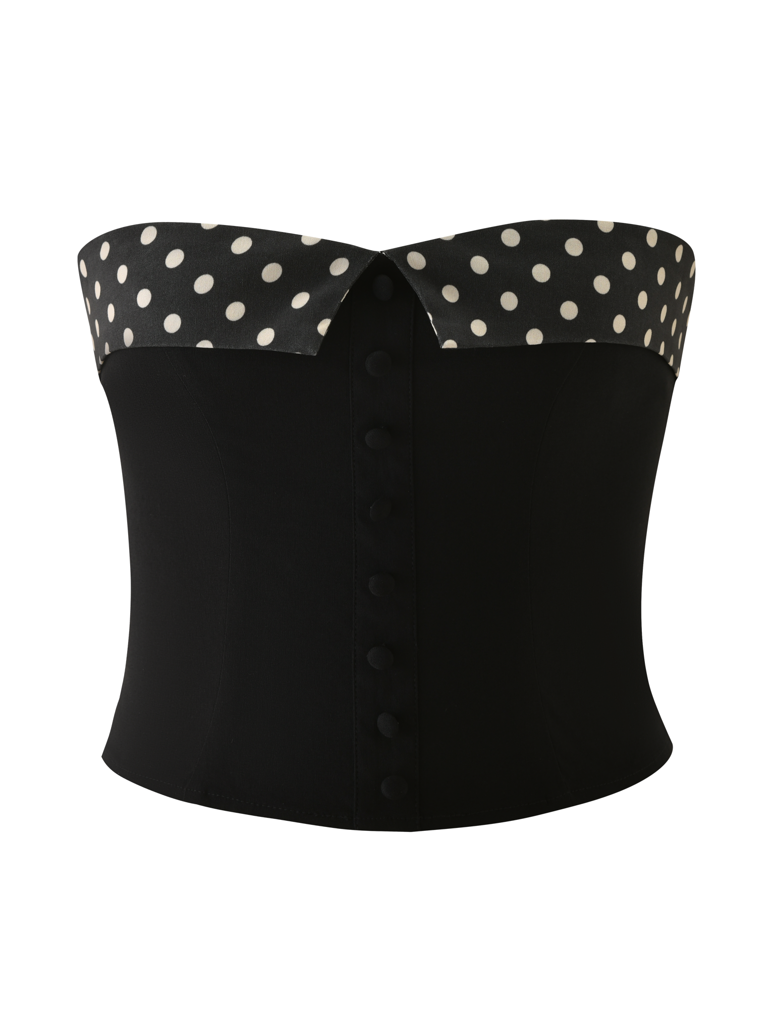 The KITTIE 2.0 BUSTIER by TIGERMIST is a black strapless corset in stretch suiting fabric, featuring a folded polka dot top edge and a front row of covered buttons.