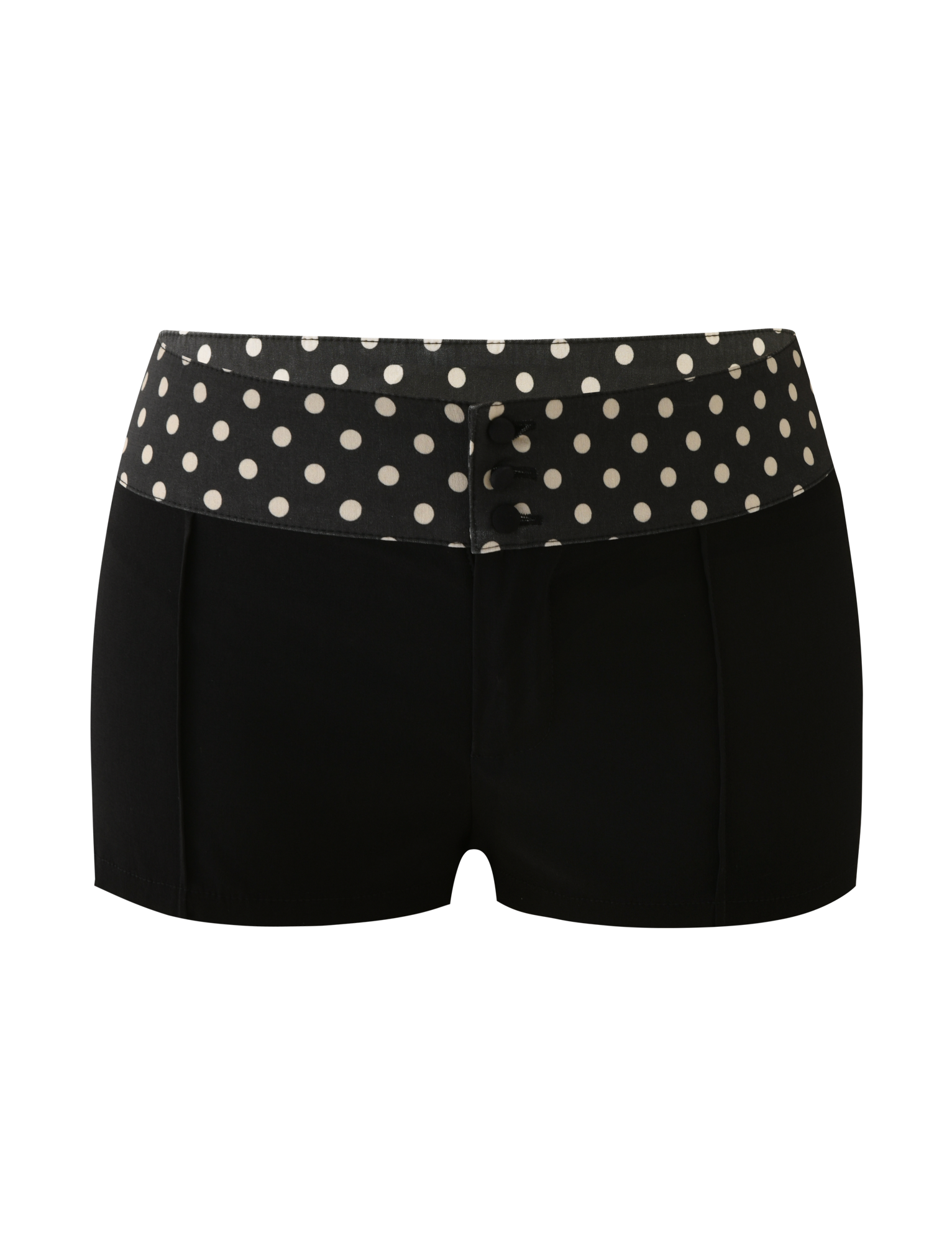 The KITTIE 2.0 SHORT - BLACK by TIGERMIST features a high polka dot waistband, black Kittie fabric, and decorative black front buttons. Displayed on a plain white background.