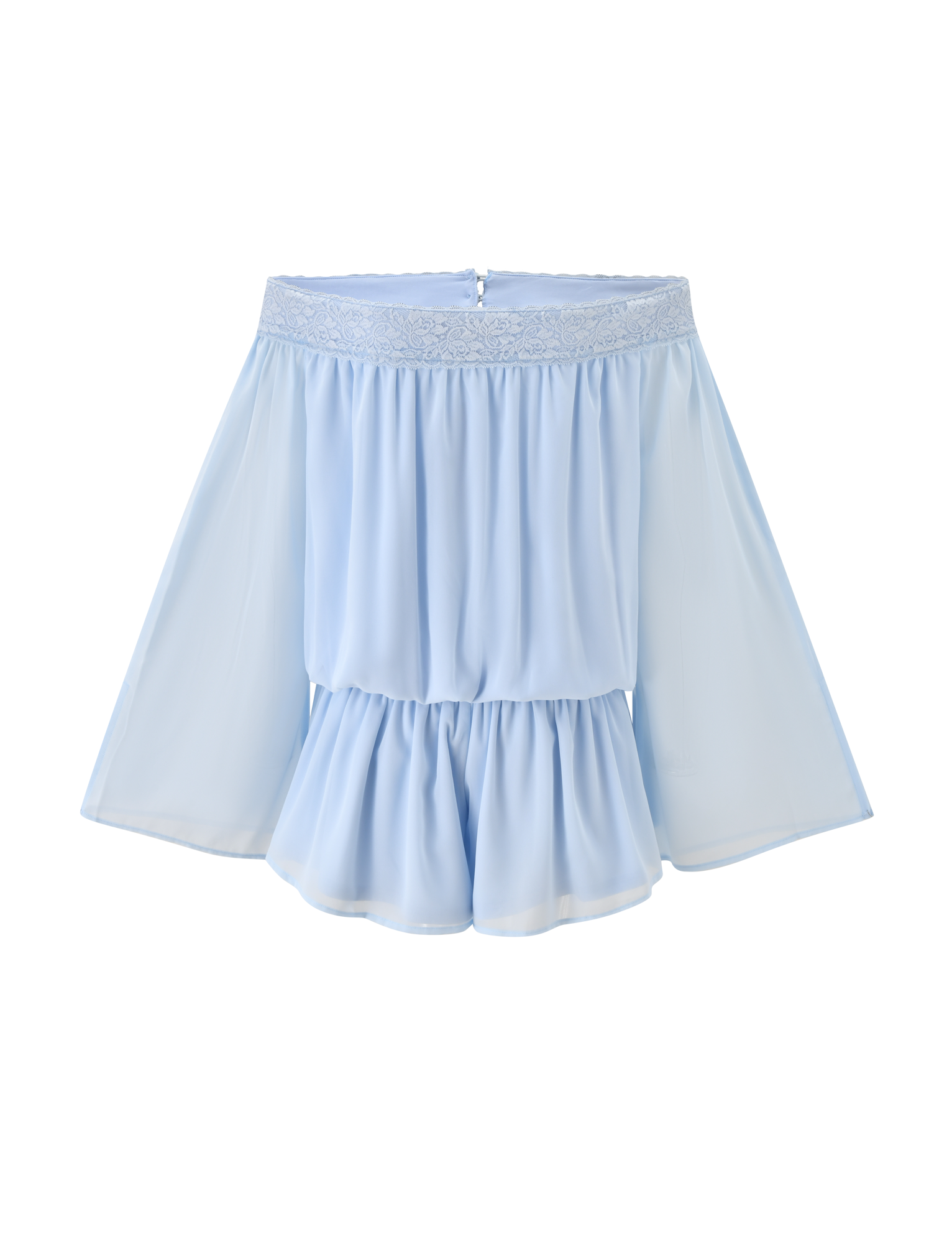 The TESSIE PLAYSUIT in baby blue by TIGERMIST features an off-shoulder design with sheer, flowy fabric, delicate lace trim at the neckline, layered ruffle details at the bottom, and wide loose sleeves for a playsuit-inspired charm.