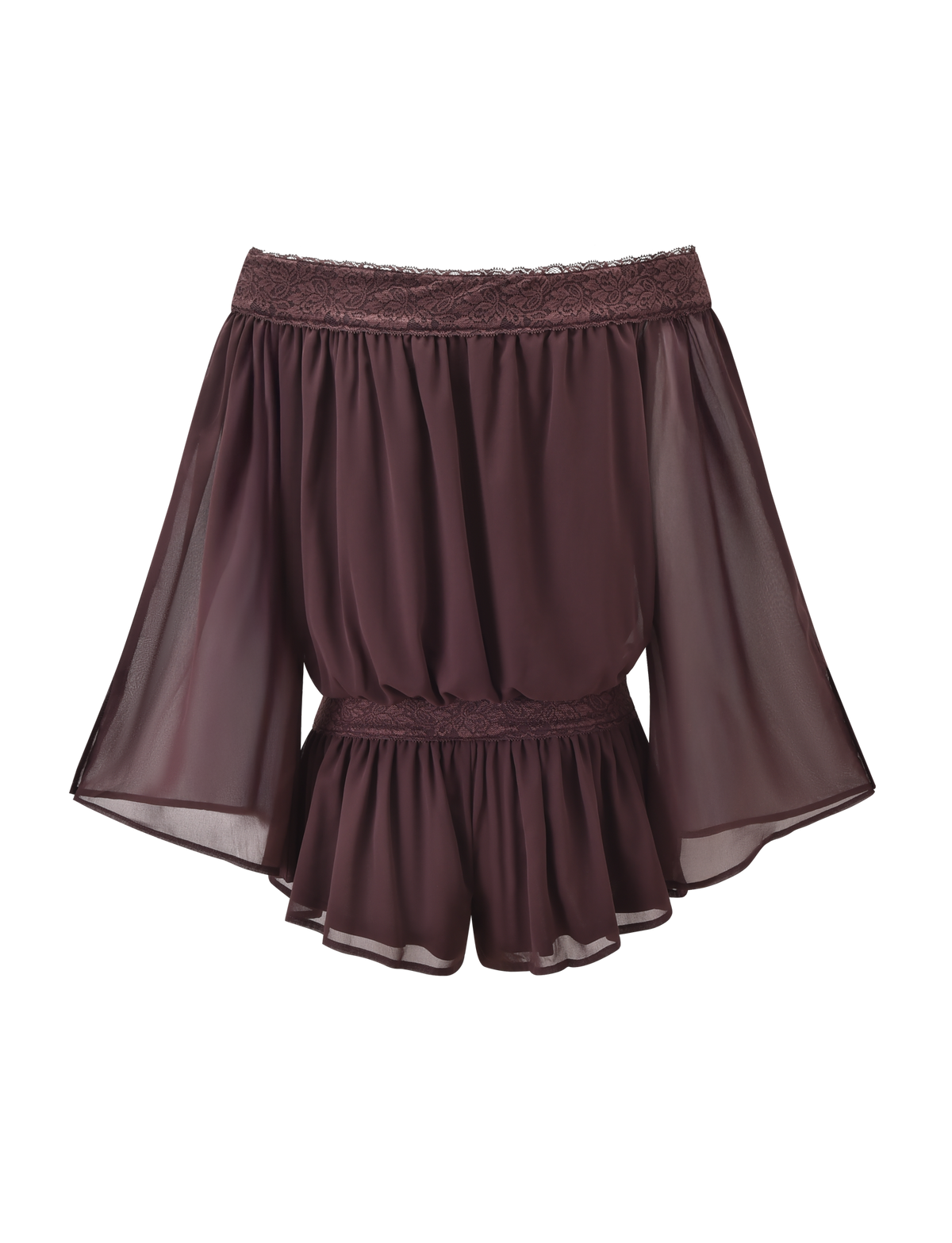 The TIGERMIST TESSIE PLAYSUIT in brown features a flowy, off-the-shoulder design with sheer fabric, wide sleeves, and lace trim at the neckline and waist, styled with ruffled mini shorts on a plain white background.