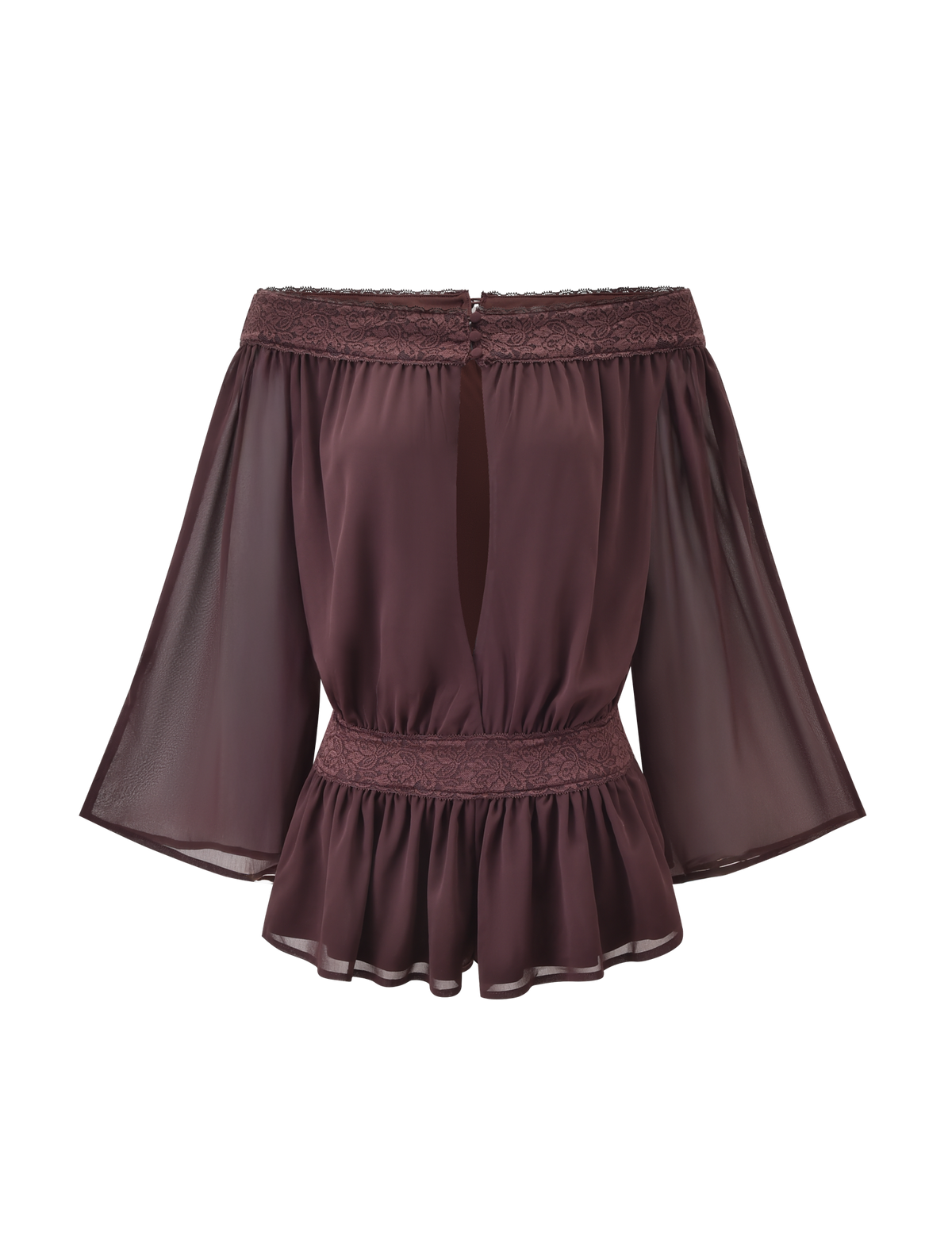 The TIGERMIST TESSIE PLAYSUIT in brown features sheer, wide sleeves, lace trim at the neckline and waist, a ruffled peplum hem, and a back keyhole button closure—perfect for a stylish and coordinated look.