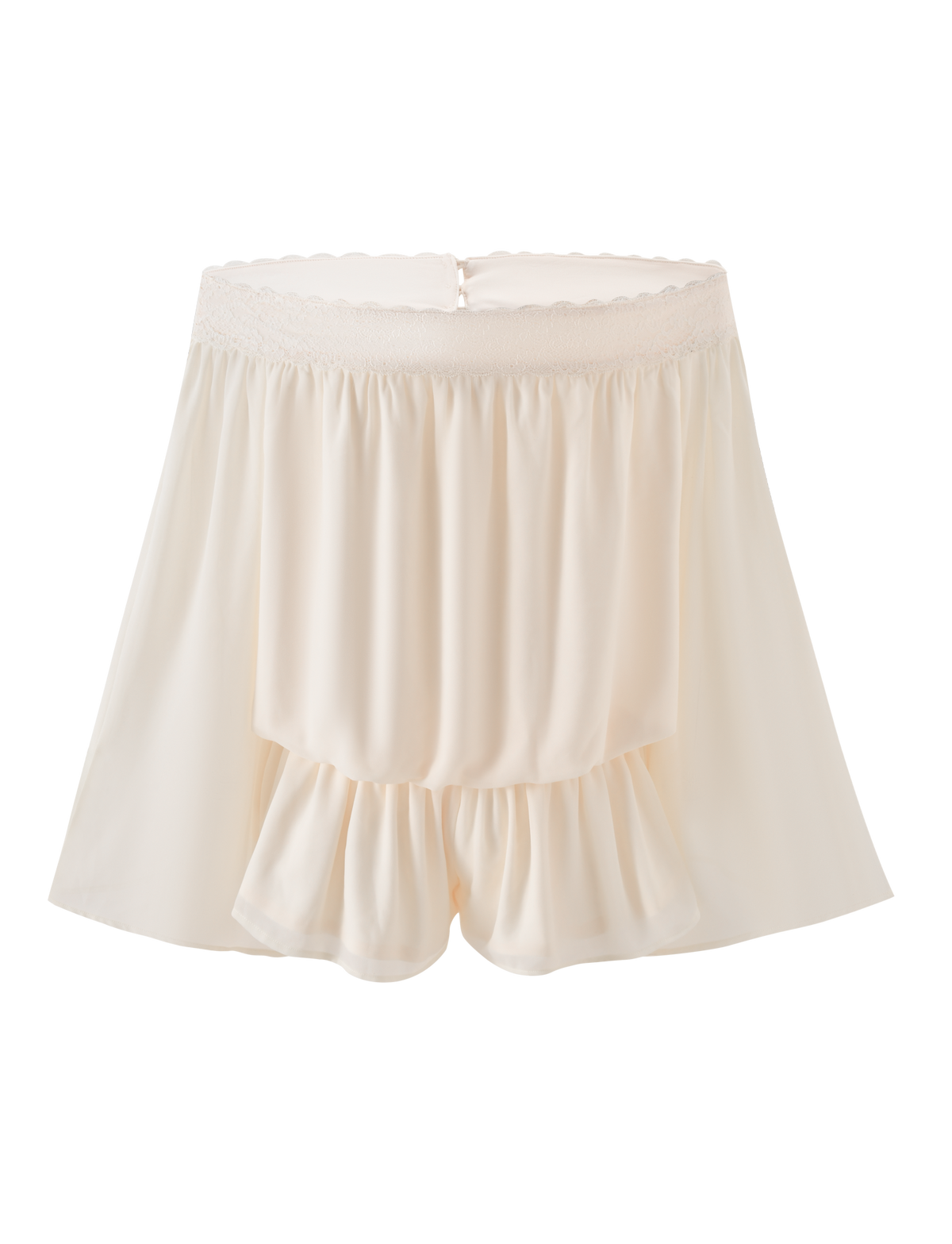 The TIGERMIST TESSIE PLAYSUIT in ivory features a cream hue, flowy ruffles, lace trim, and an elastic waistband. Made from lightweight, soft fabric, it’s perfect for loungewear or sleepwear.
