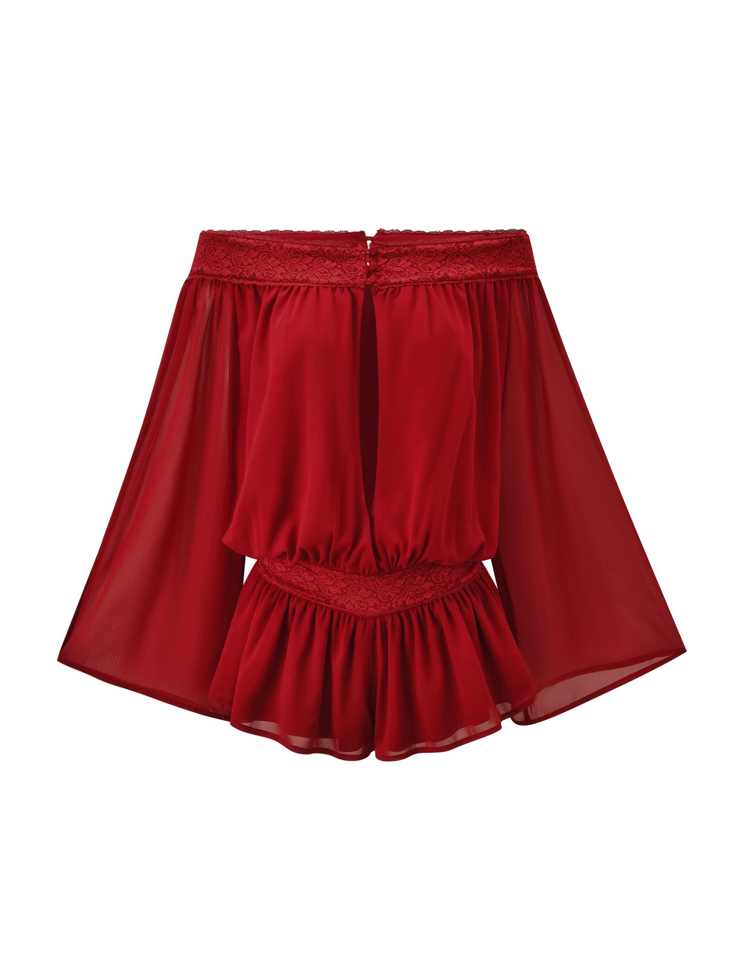 The TESSIE PLAYSUIT in red by TIGERMIST features an off-shoulder design with sheer wide sleeves, lace trim, a fitted waist, and a ruffled hem—crafted from lightweight, flowy fabric for a stylish look.